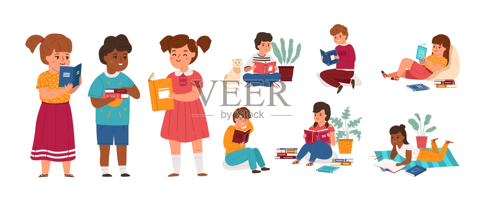 孩子的读者。男孩女孩阅读书籍，青年文学爱好者以不同姿态，学生新知识学习，书店和图书馆概念卡通向量人物设置插画图片素材