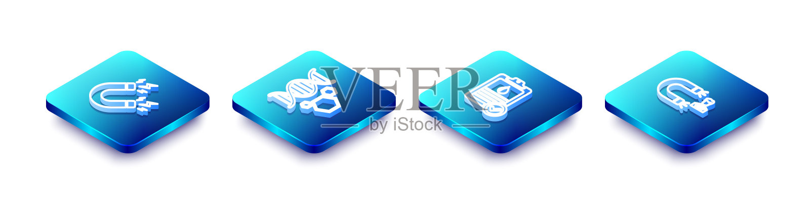 设置等距线磁铁与闪电，基因工程，剪贴板血液测试和客户吸引图标。向量图标素材