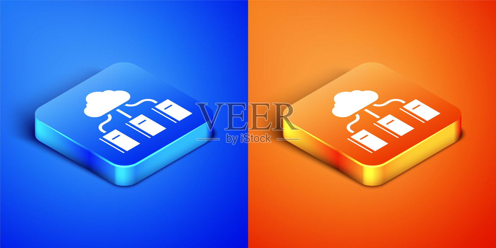 等距云或在线图书馆图标孤立在蓝色和橙色的背景。网络教育或远程培训。方形按钮。矢量图图标素材