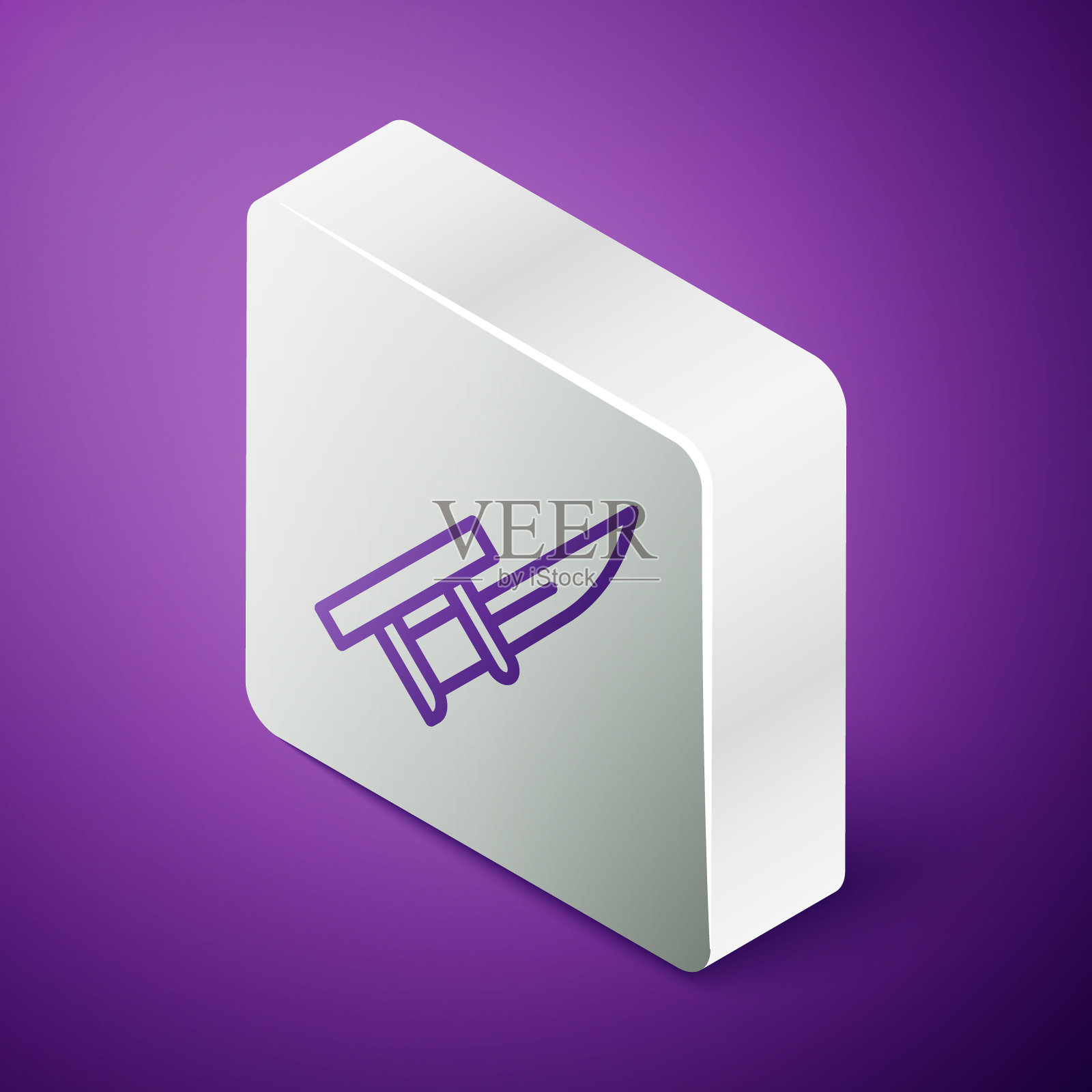 枪上的刺刀图标被隔离在紫色背景上。银广场按钮。向量插画图片素材