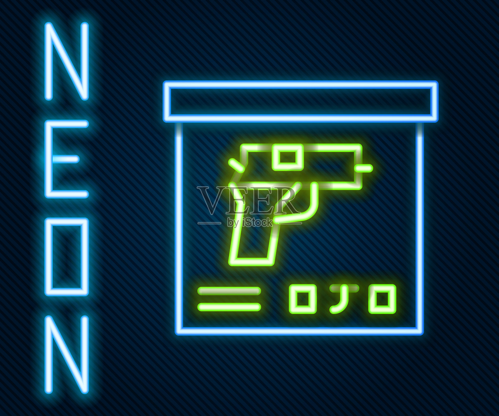 发光的霓虹灯线军用弹药盒与一些弹药子弹图标孤立在黑色背景。色彩斑斓的轮廓的概念。向量插画图片素材