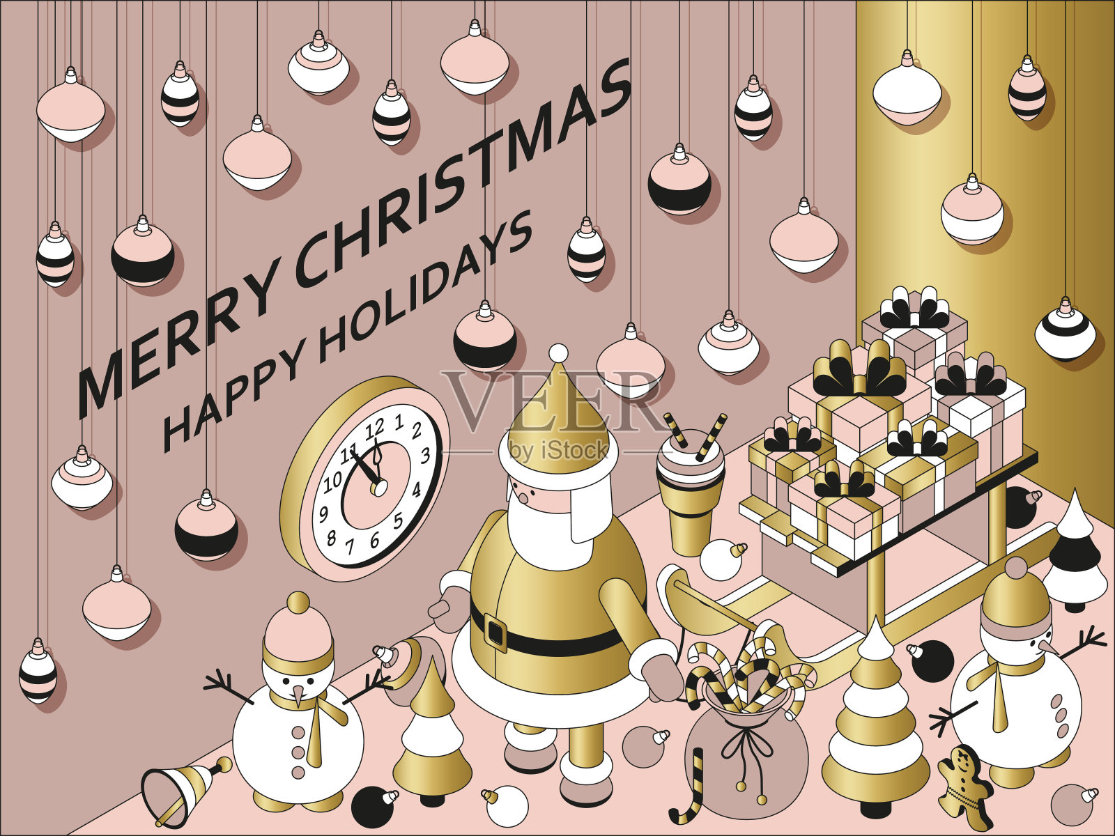 圣诞背景与等距可爱的玩具。有趣的圣诞老人和雪橇和礼物设计模板素材