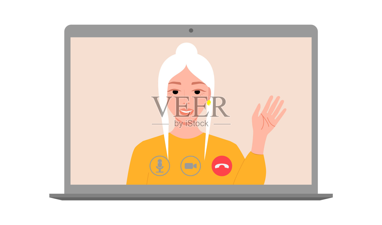 微笑的女人使用视频通话界面。在家办公，远程在线会议。隔离和社交距离。矢量插图。插画图片素材