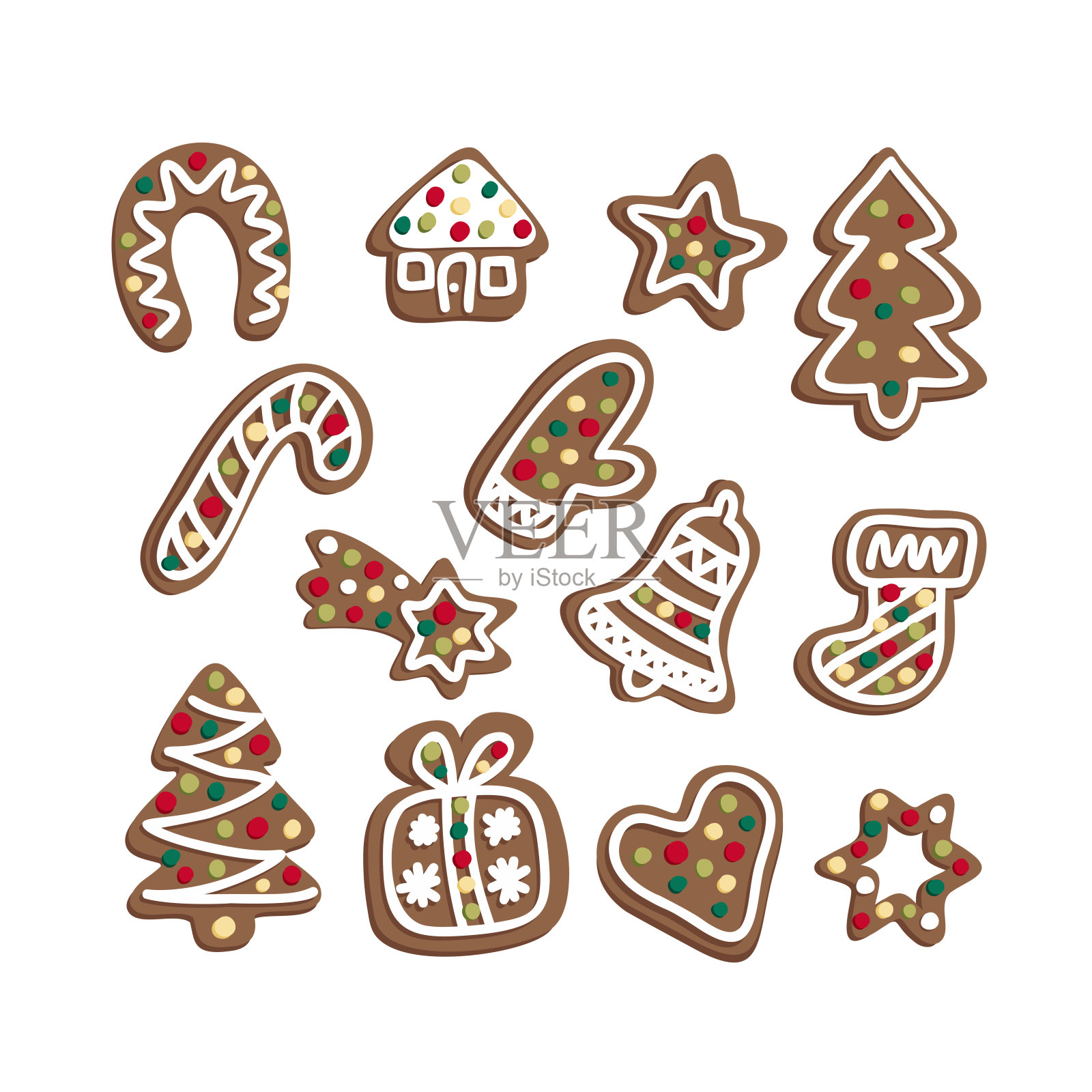 一大堆姜饼。圣诞元素的冬季假期。姜饼树，礼物，星星，钟，球，心。手绘矢量插图。手绘和卡通风格设计元素图片