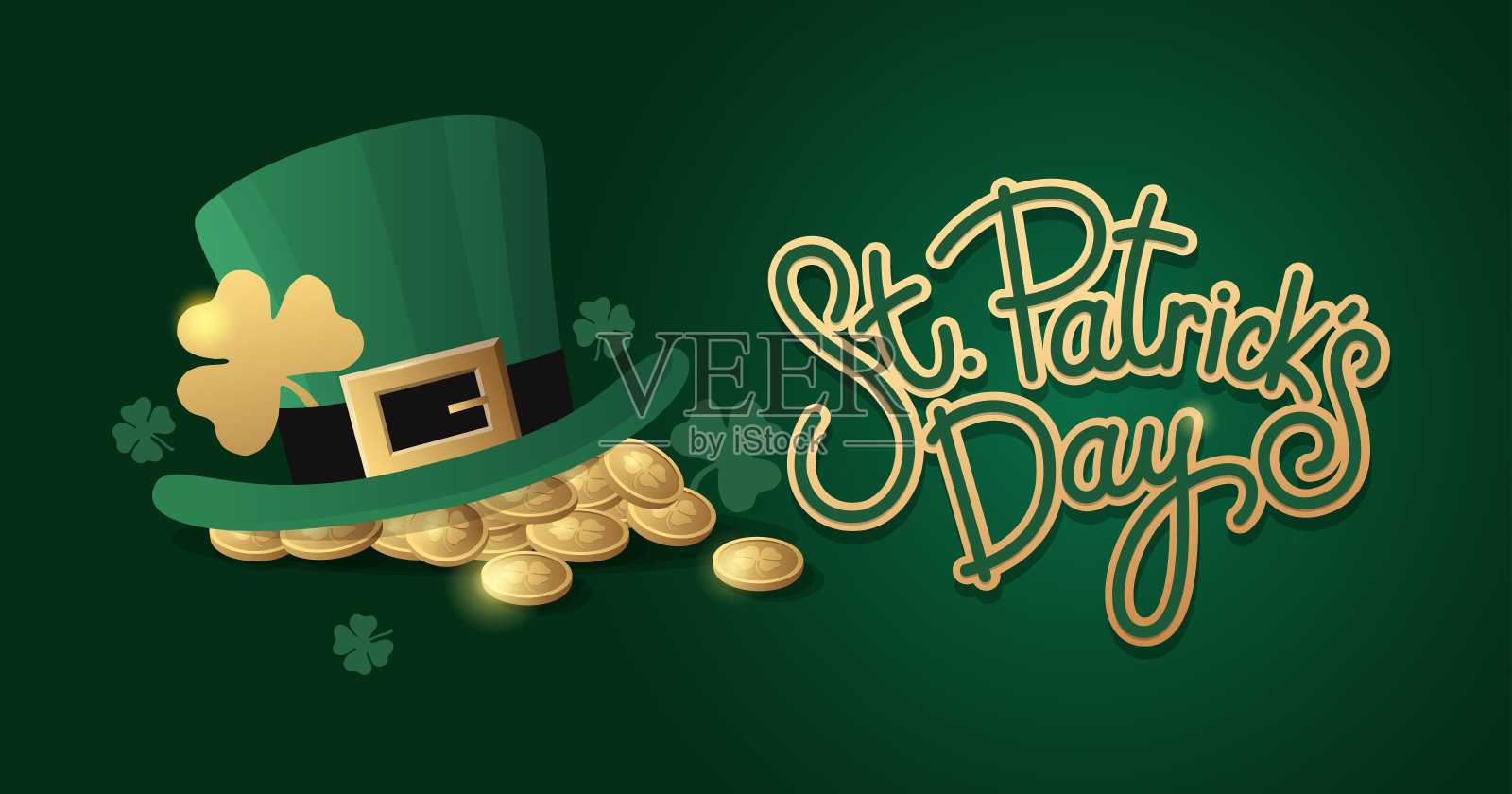 这是一幅节日海报，上面有一顶大妖精帽、金币、幸运三叶草的叶子和手绘的题词:“圣帕特里克节”。插画图片素材