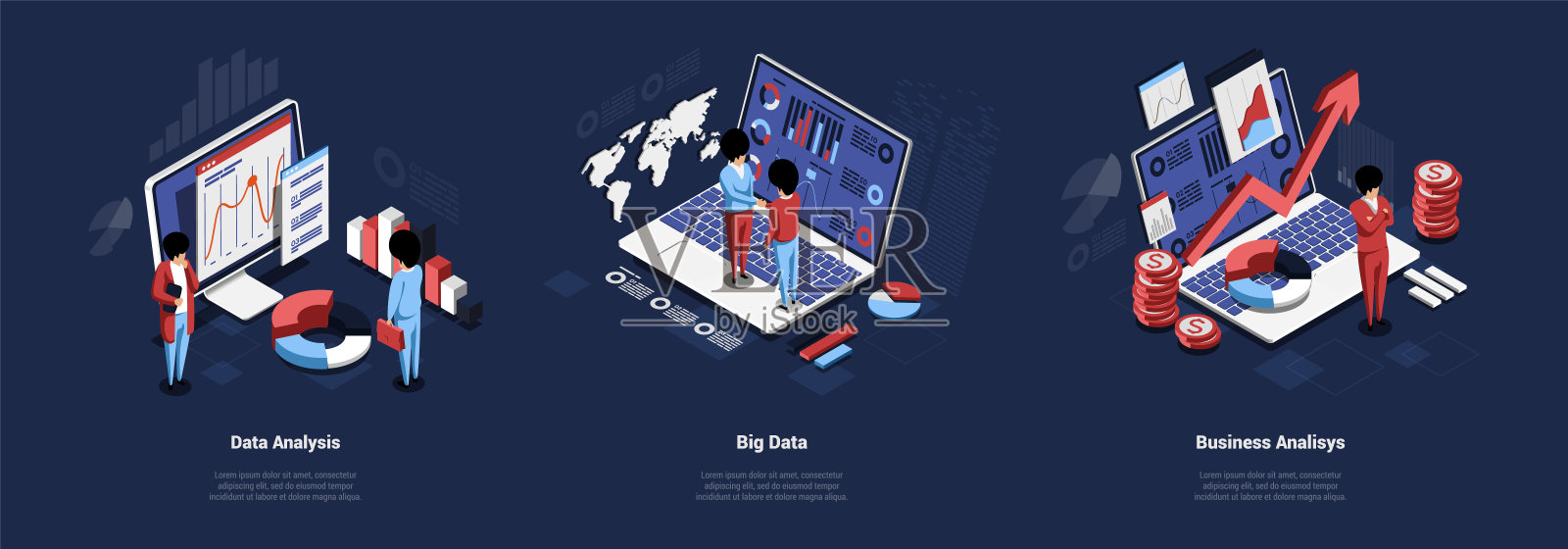 三种商业分析与数据概念的矢量卡通构成。水平的3D等距插图与写作，图表，图表，图表。商人靠近大屏幕，笔记本电脑插画图片素材