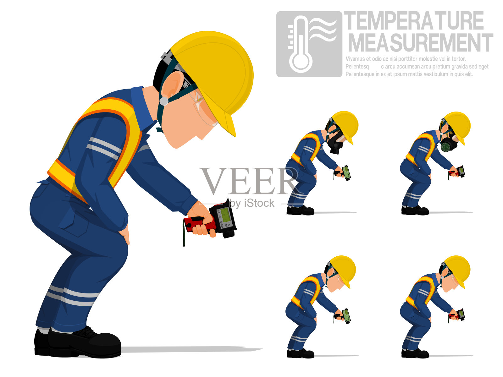 一套工业工人使用高温计测量温度。插画图片素材