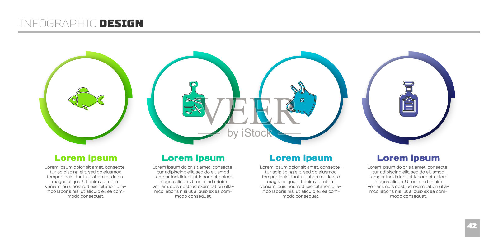 装鱼、切菜板、牛头、酱瓶。业务信息模板。向量设计模板素材