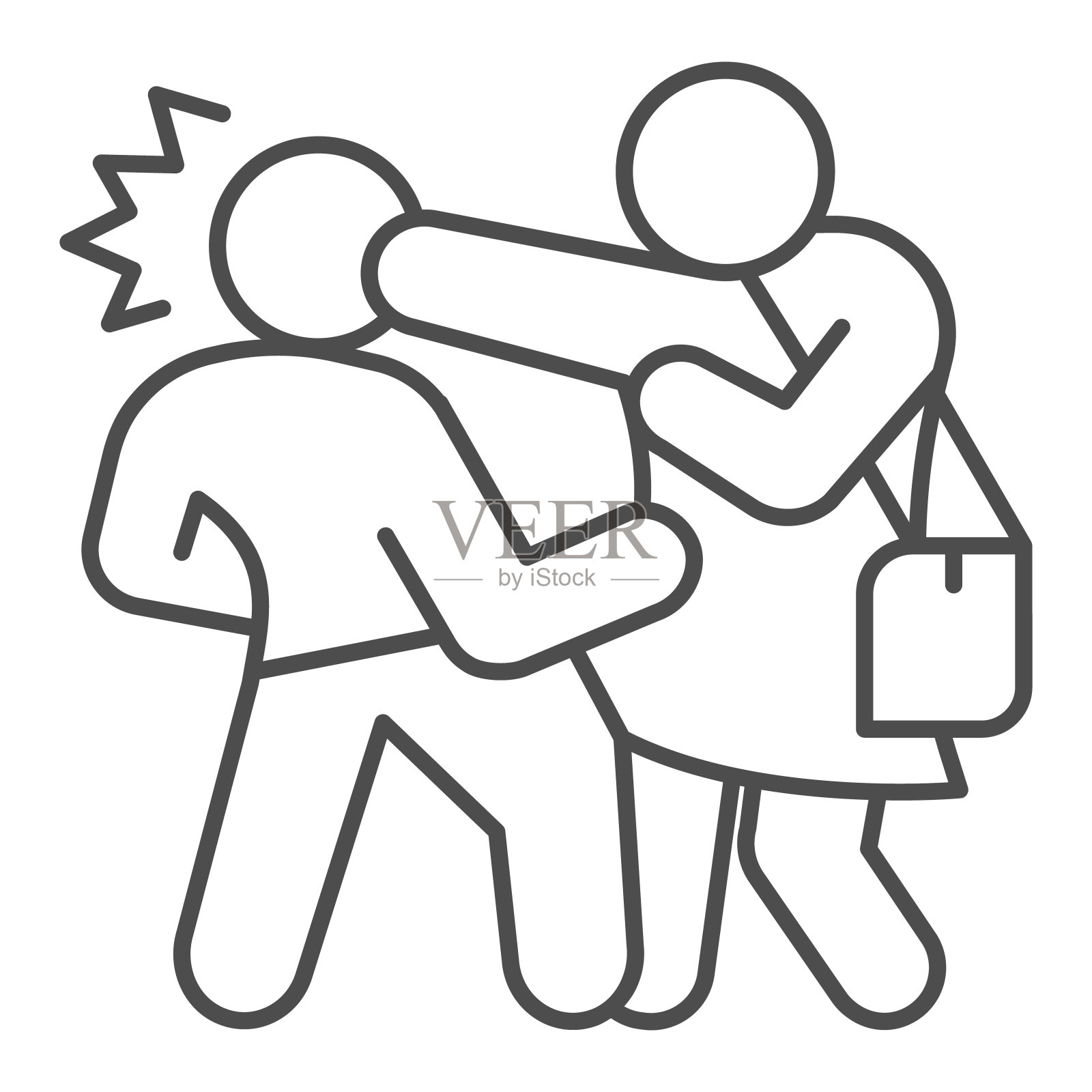 女人拿着包保护自己免受强盗细线图标，自卫概念，女孩打在白色背景上的男人头标志，男人试图偷走轮廓风格的包图标。矢量图形。插画图片素材