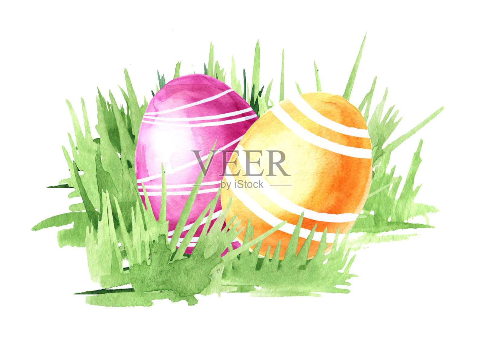 绿色的草地上有彩色的复活节彩蛋。手绘水彩插图孤立的白色背景插画图片素材