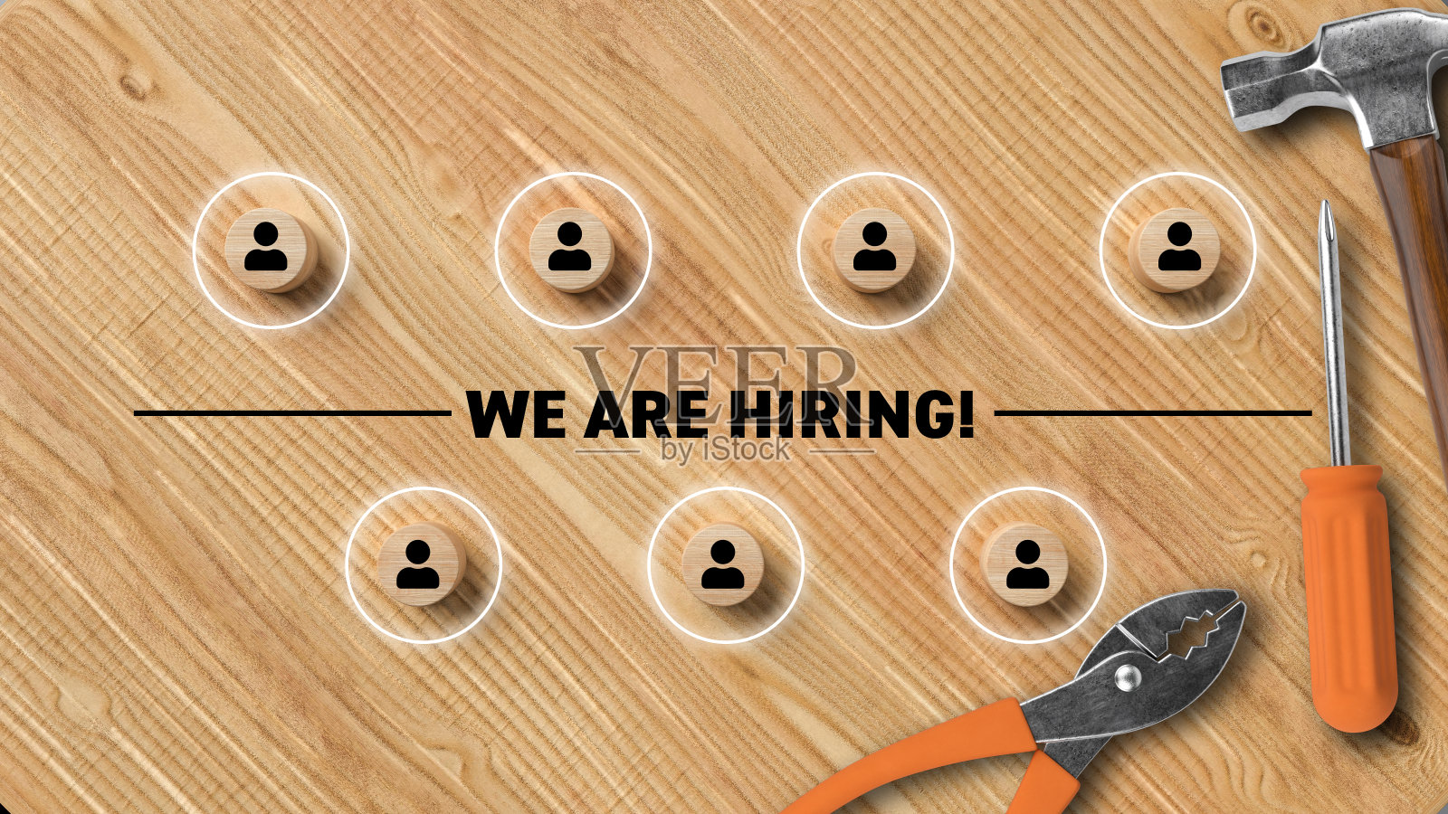 小圆柱体与人的图标和信息，我们正在雇用- 3d插图照片摄影图片