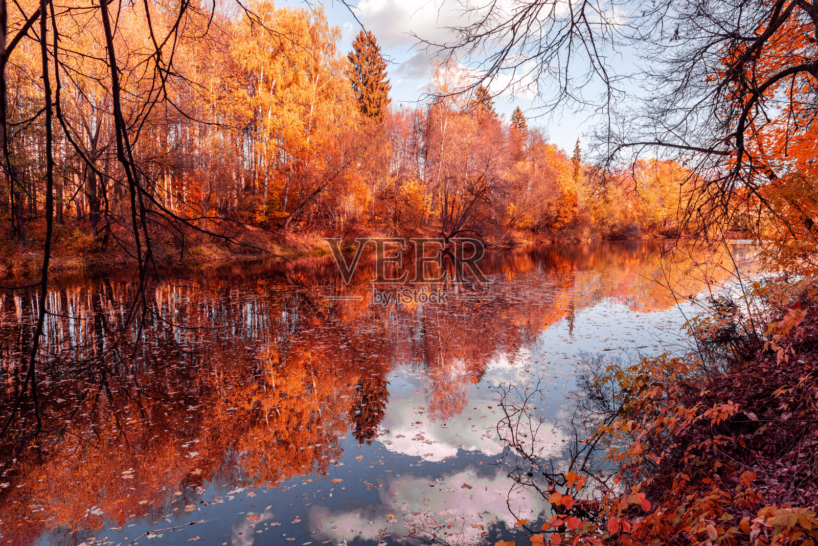 秋天的森林，五颜六色的树木和天空与云彩倒映在池塘的水。壮观的秋天景色照片摄影图片