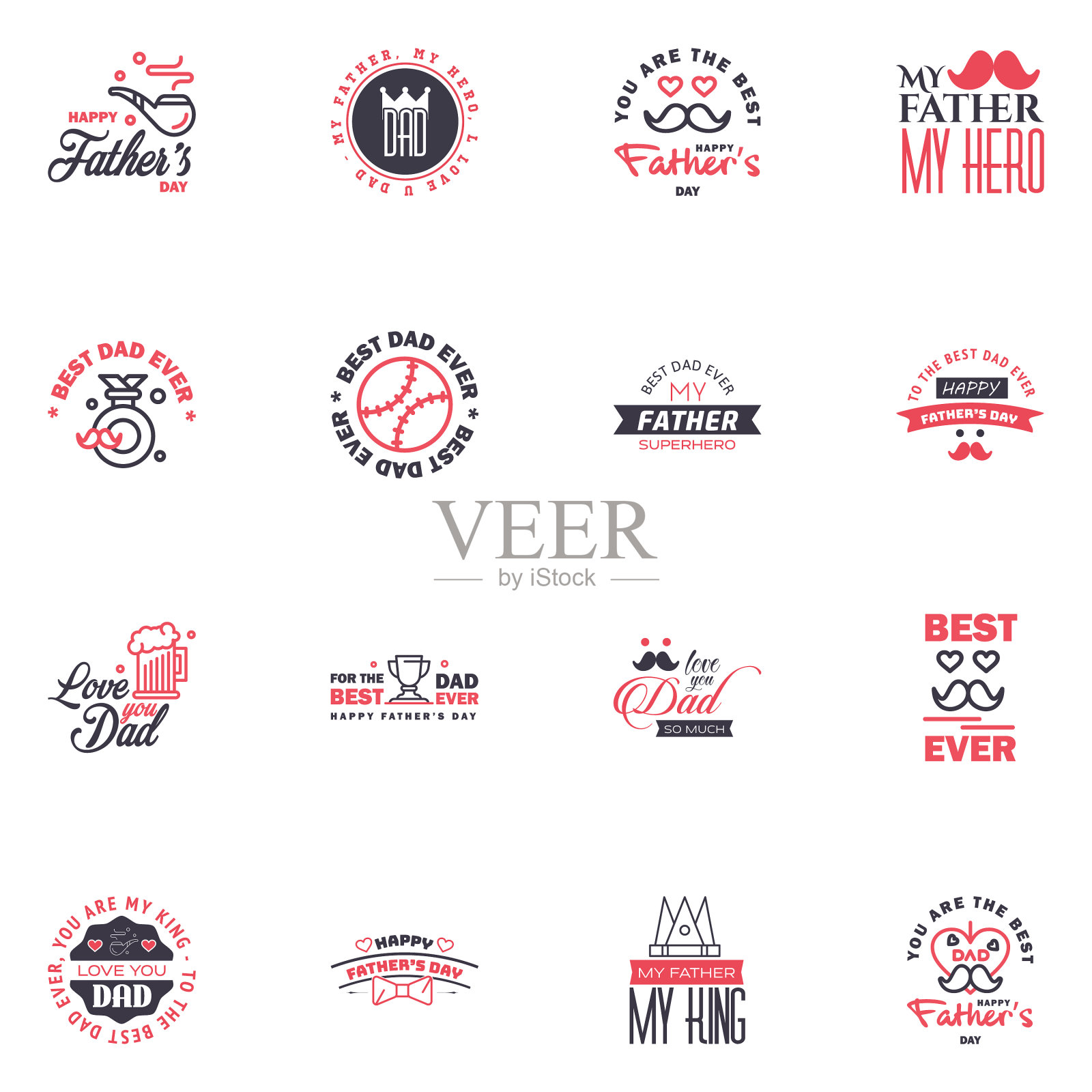 父亲节贺卡设置16黑色和快乐插画图片素材