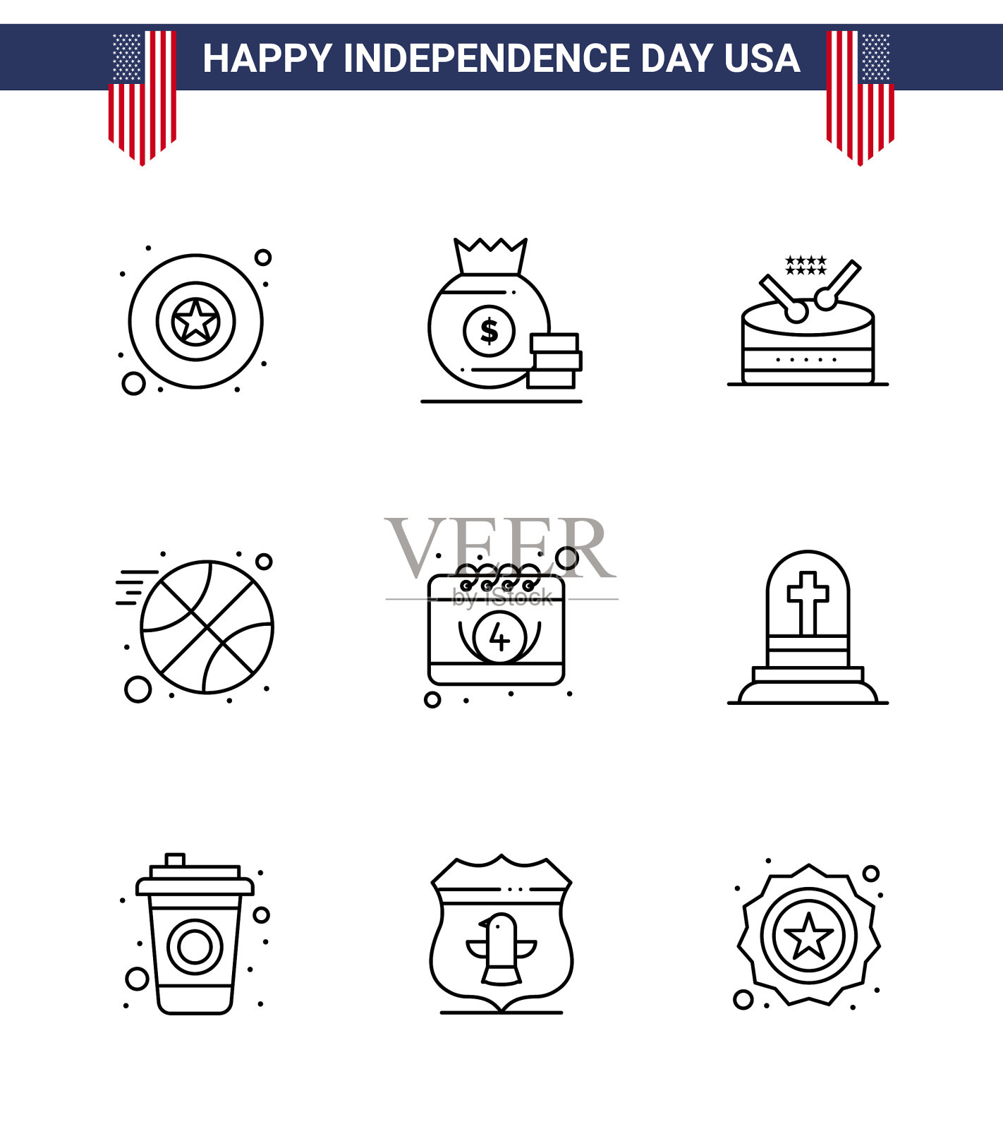 打包9条美国独立日庆祝线插画图片素材