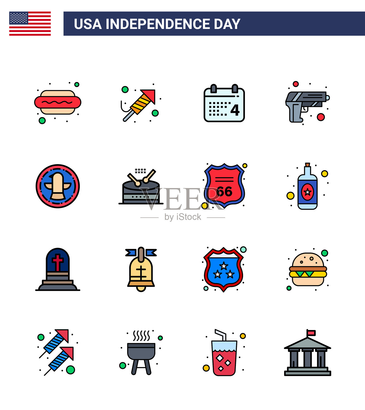 16个美国独立的平面填充线标志插画图片素材