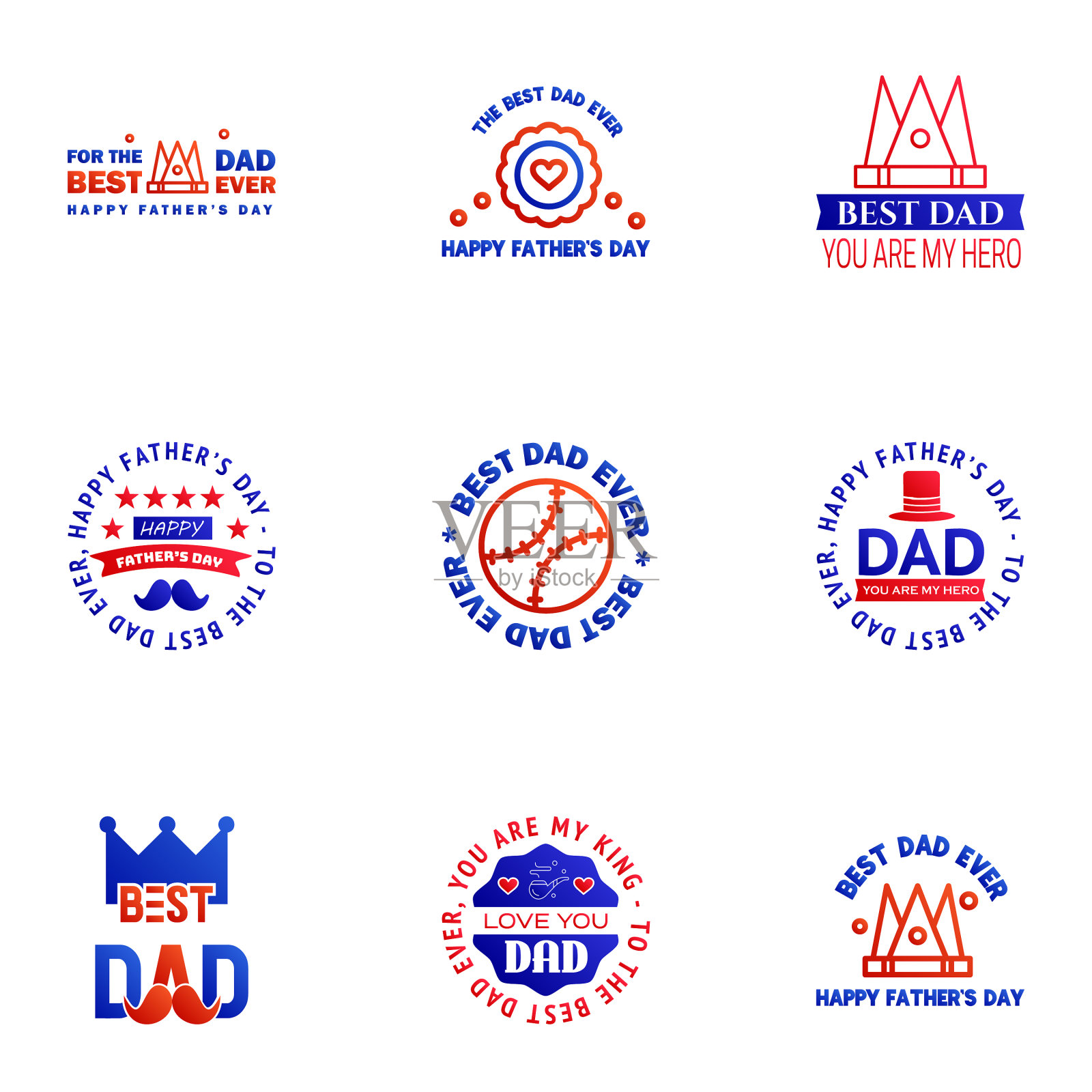 设置父亲节9蓝色和红色的设计元素插画图片素材