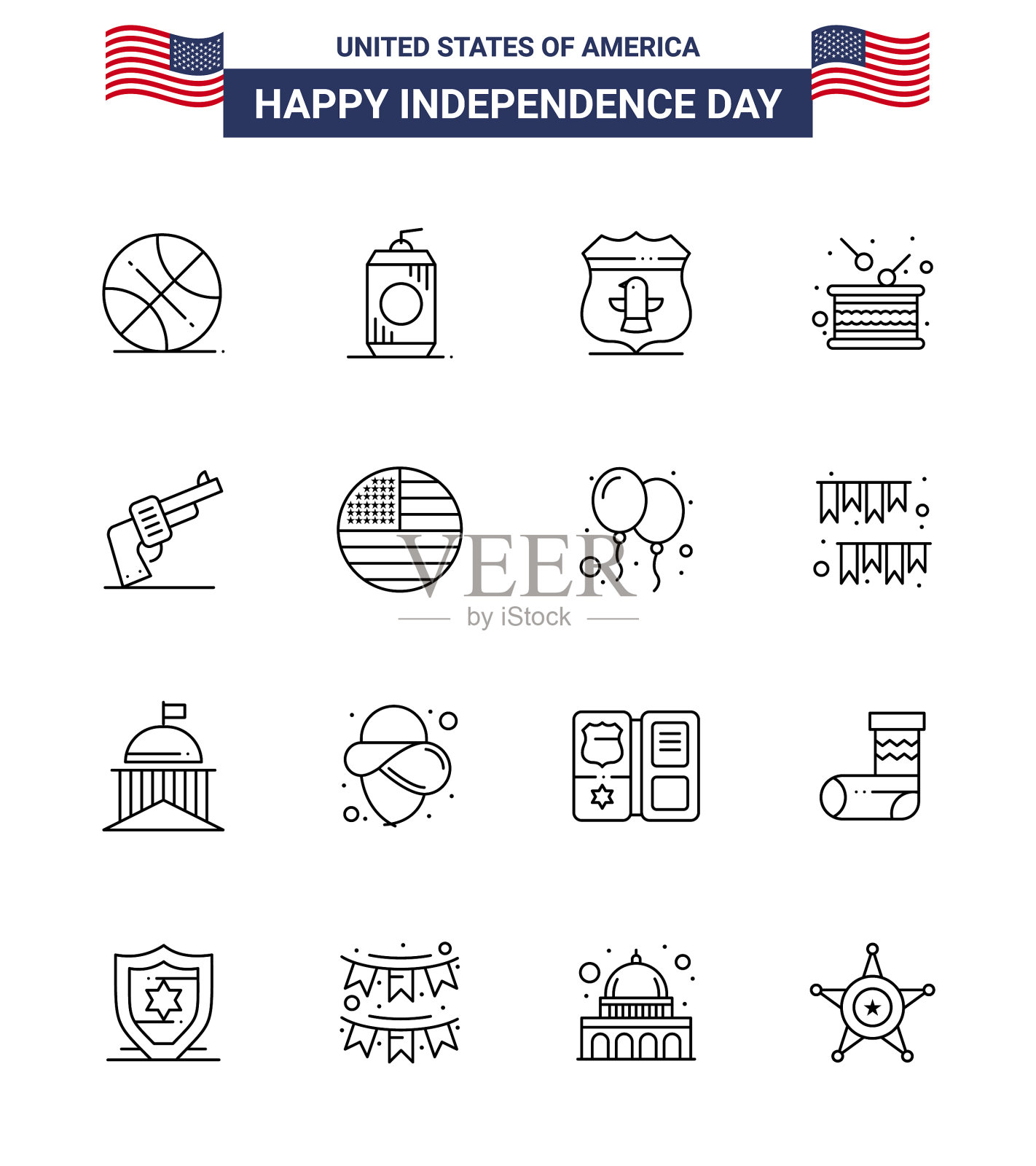 独立日快乐装16行标志和插画图片素材