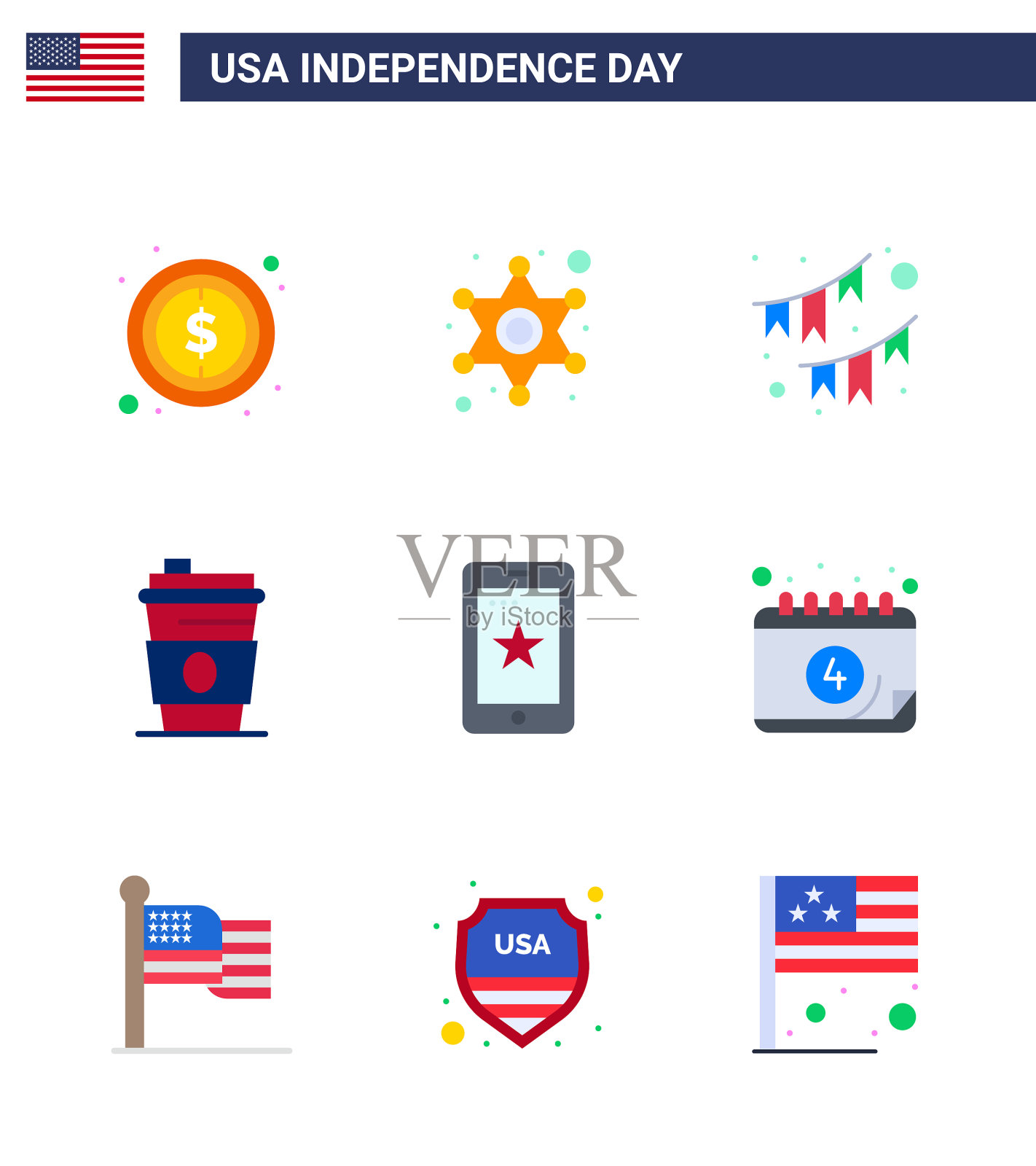 独立日快乐，7月4日，9套公寓插画图片素材