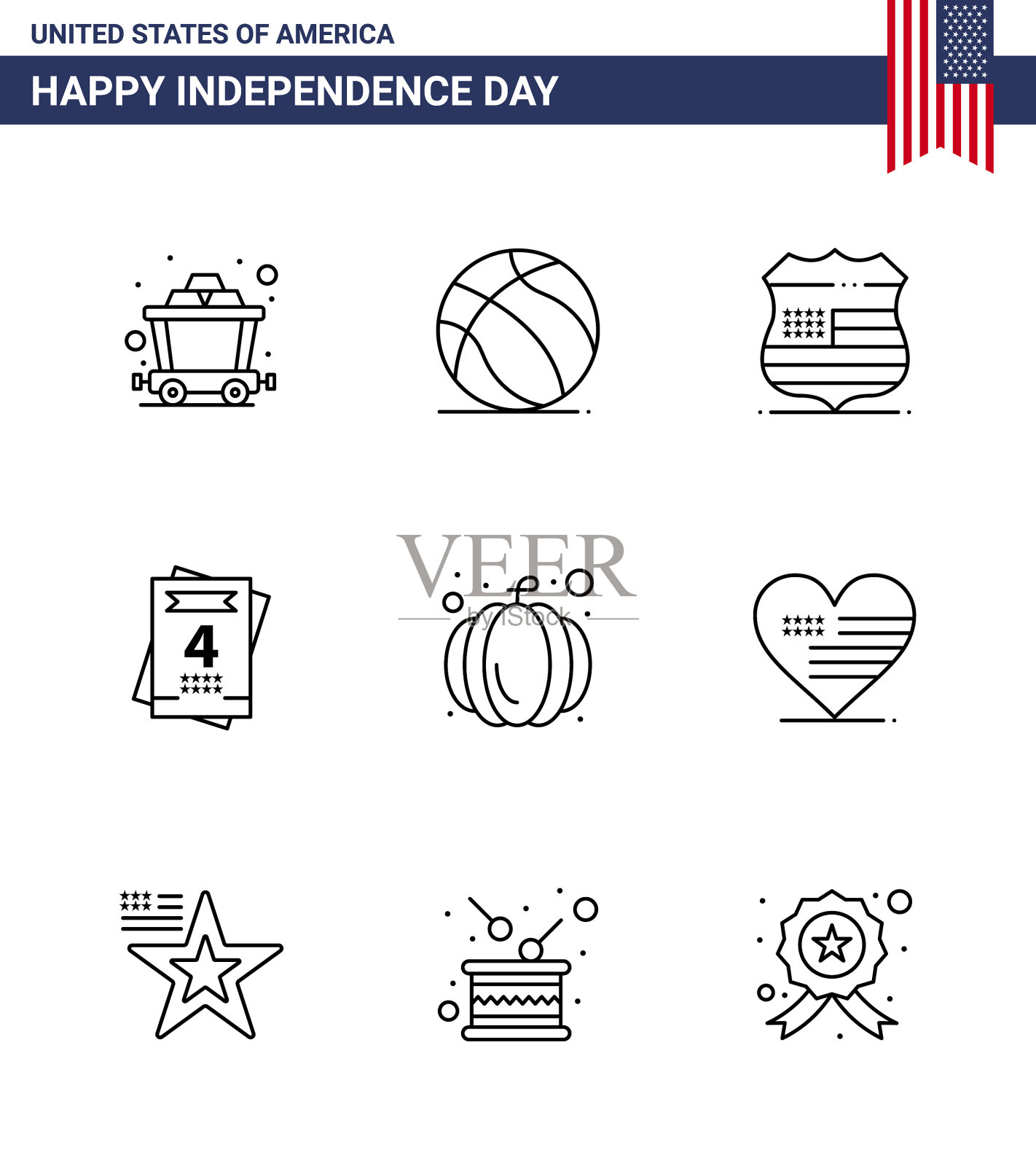 打包9条美国独立日庆祝线插画图片素材