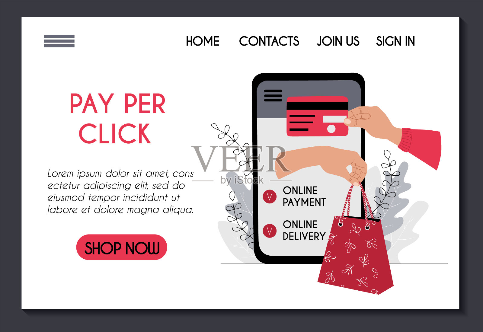 网上购物付款快递网站模板。家居购物的移动应用程序。支付信用卡，并获得商品概念插图着陆页。UI UX设计stock vector flat设计模板素材