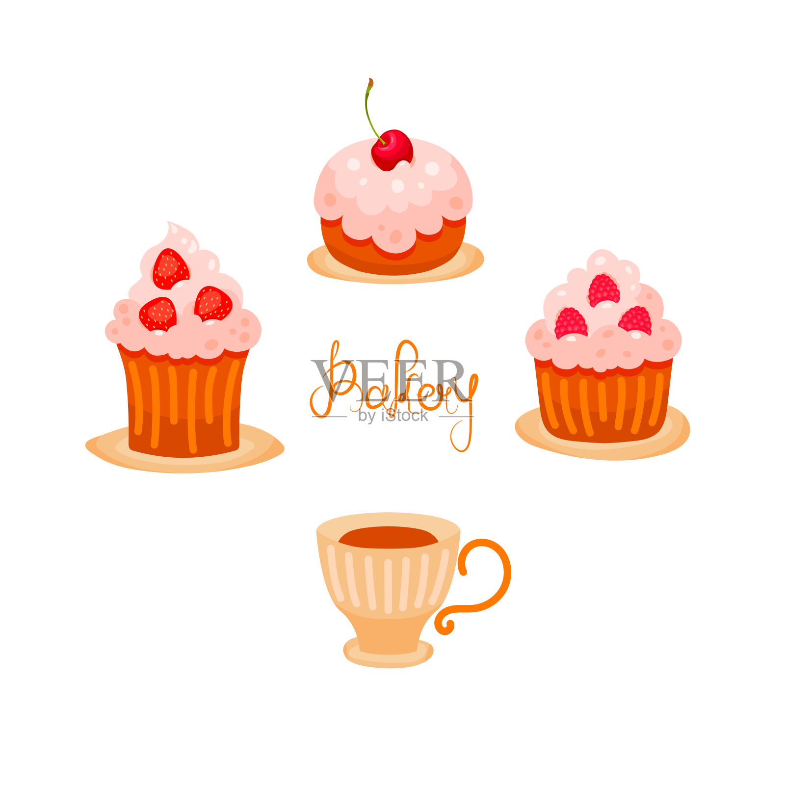 一套可爱的卡通纸杯蛋糕，有樱桃、草莓、覆盆子和一杯茶或咖啡。甜品设计概念孤立于白色之上。股票矢量插图面包店菜单，海报，标志，图标插画图片素材