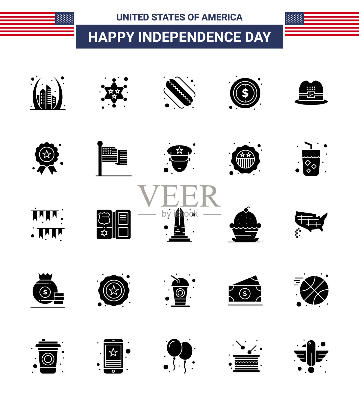 独立日快乐装25个立体象形文字插画图片素材