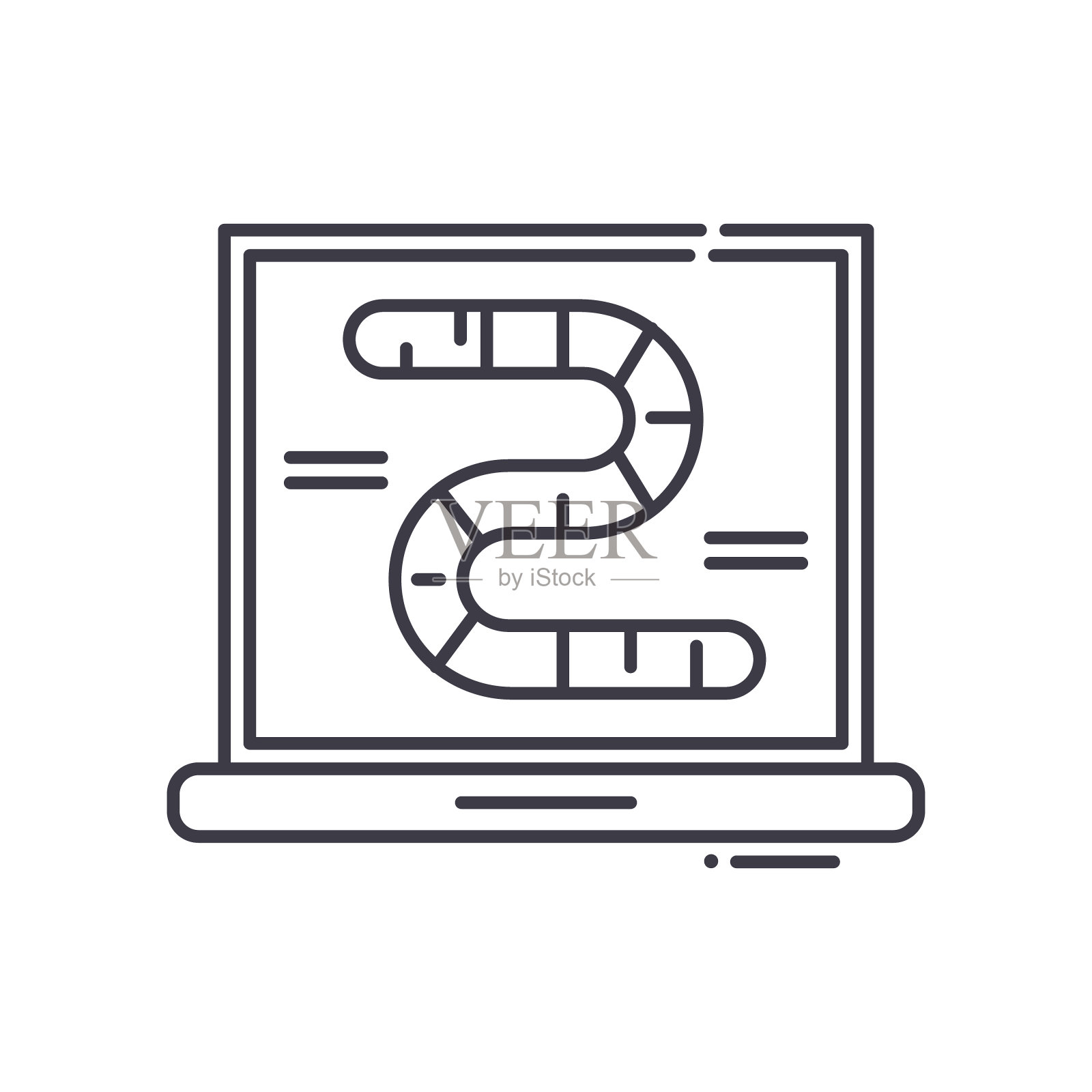 电脑蠕虫图标，线性孤立的插图，细线矢量，网页设计标志，大纲概念符号与可编辑的笔画在白色的背景。插画图片素材