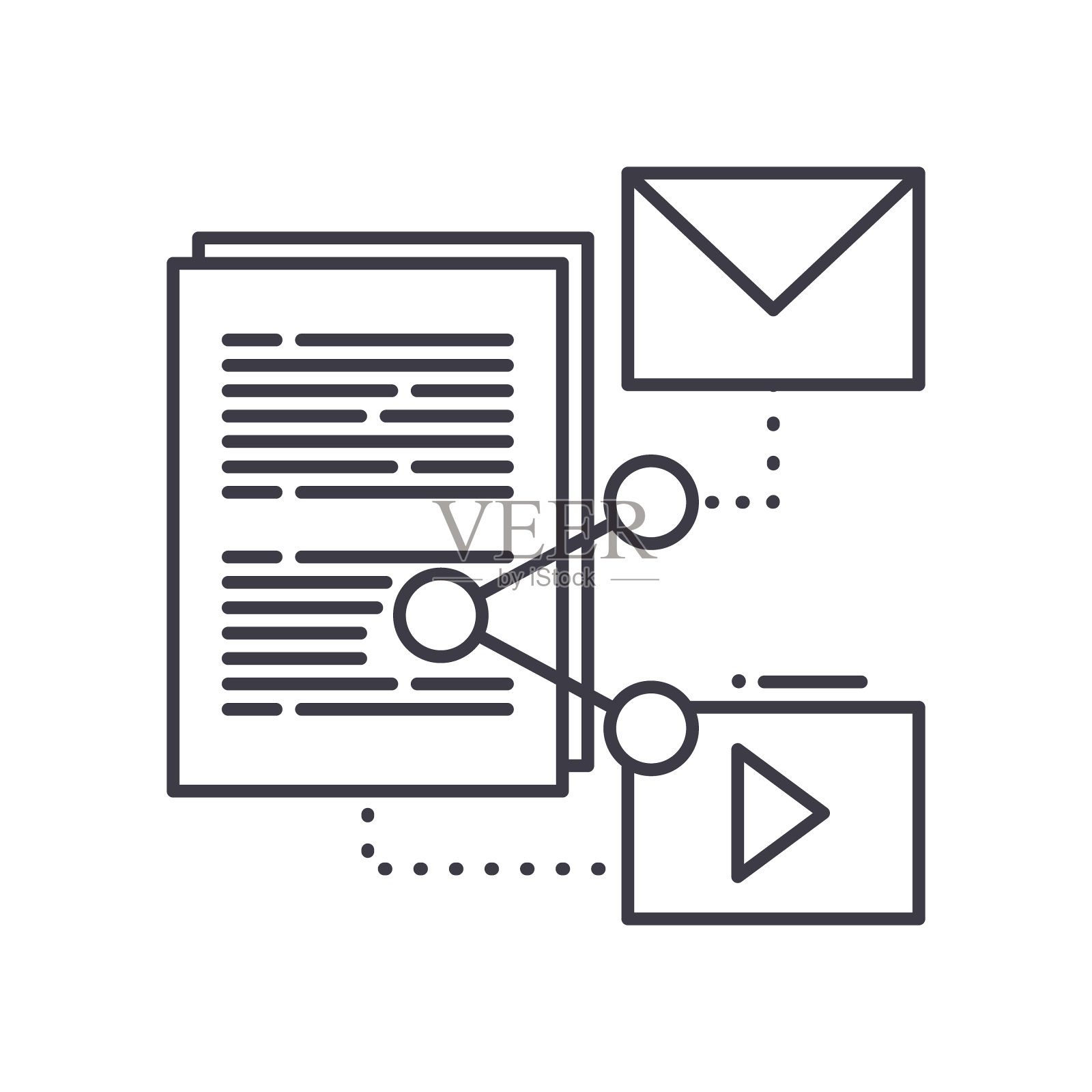 内容共享图像图标，线性孤立的插图，细线矢量，网页设计标志，大纲概念符号与可编辑的白色背景笔触。插画图片素材