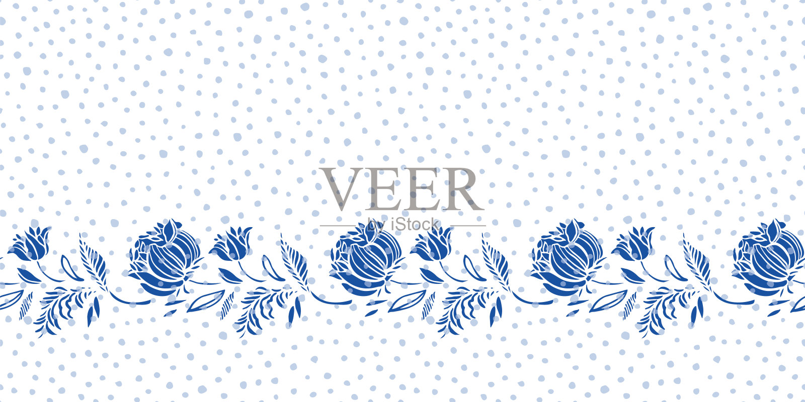复古的蓝色瓷器植物郁金香边界点缀背景。优雅的手绘花卉设计。插画图片素材