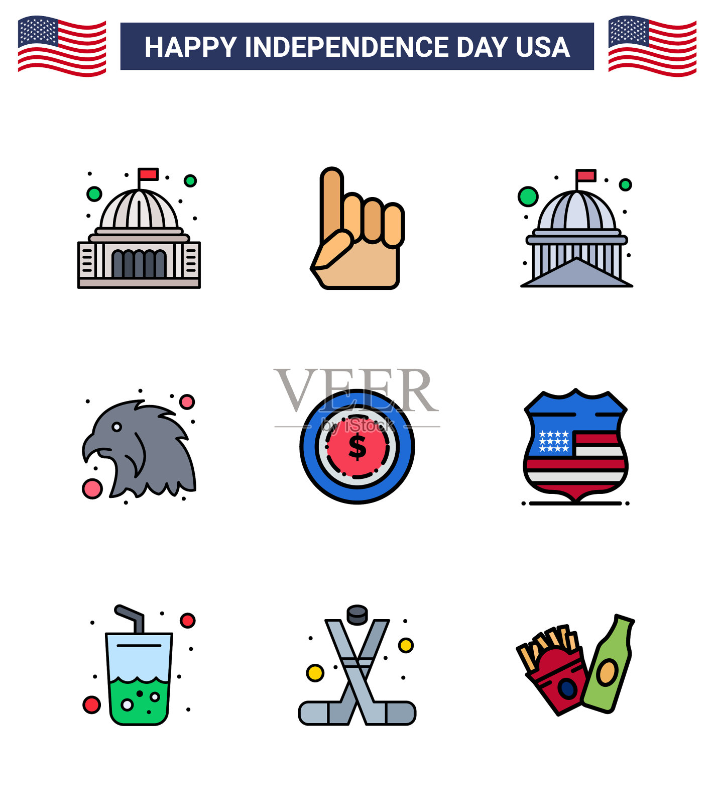 快乐的独立日9平填充线图标插画图片素材