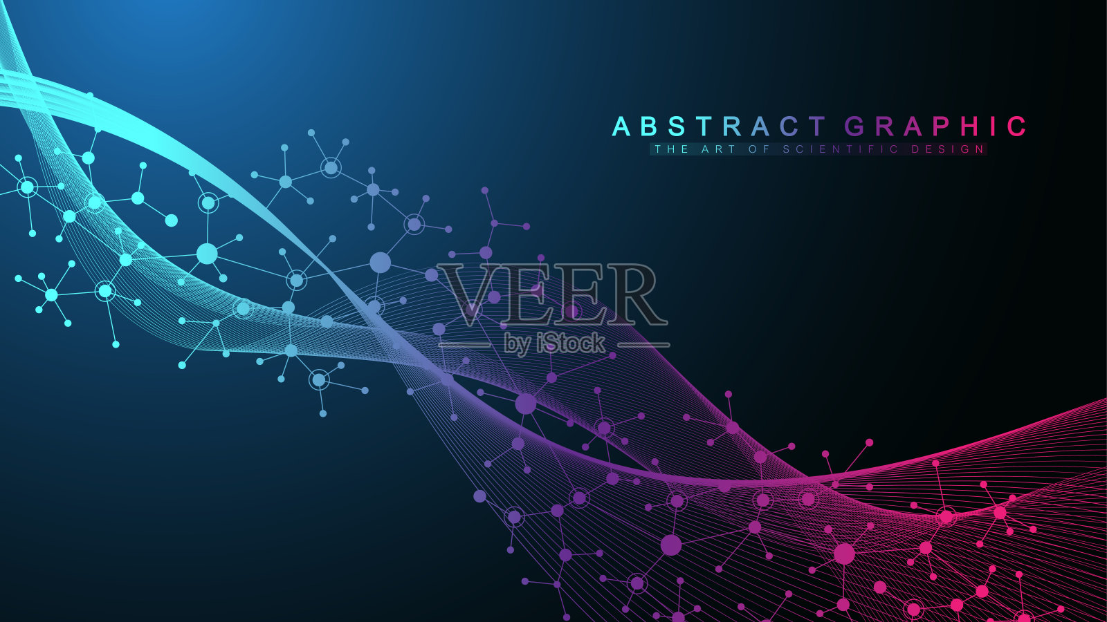 色彩斑斓的分子背景。DNA螺旋，DNA链，DNA测试。分子或原子，神经元。抽象结构为科学或医学背景，横幅。科学的分子载体图解插画图片素材