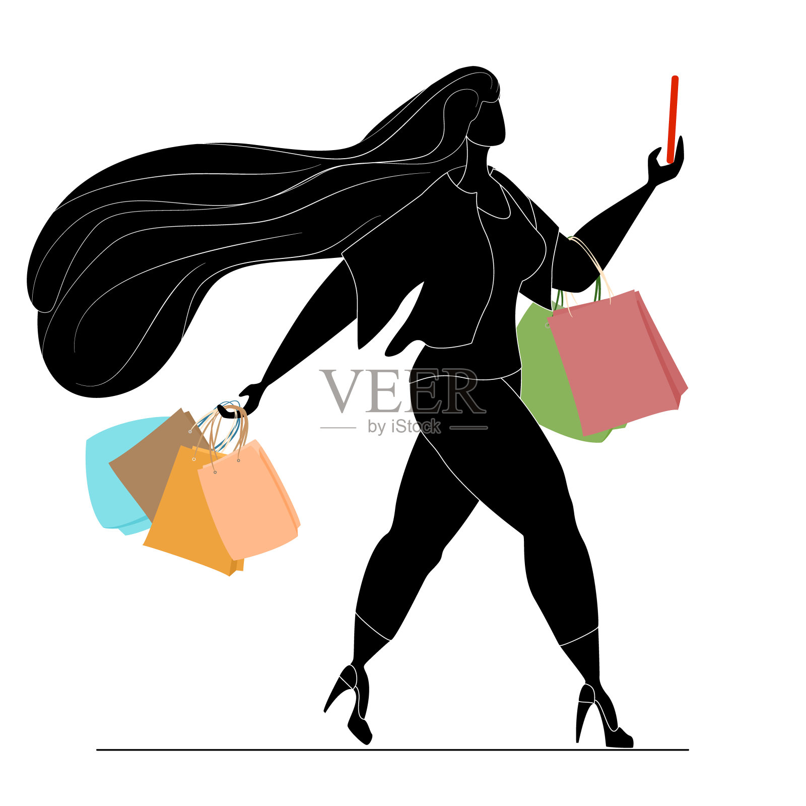 一个买东西的漂亮女人的黑色轮廓。身体积极，生活方式积极。成功的胖女孩。孤立在白色矢量在一个平坦的风格。插画图片素材