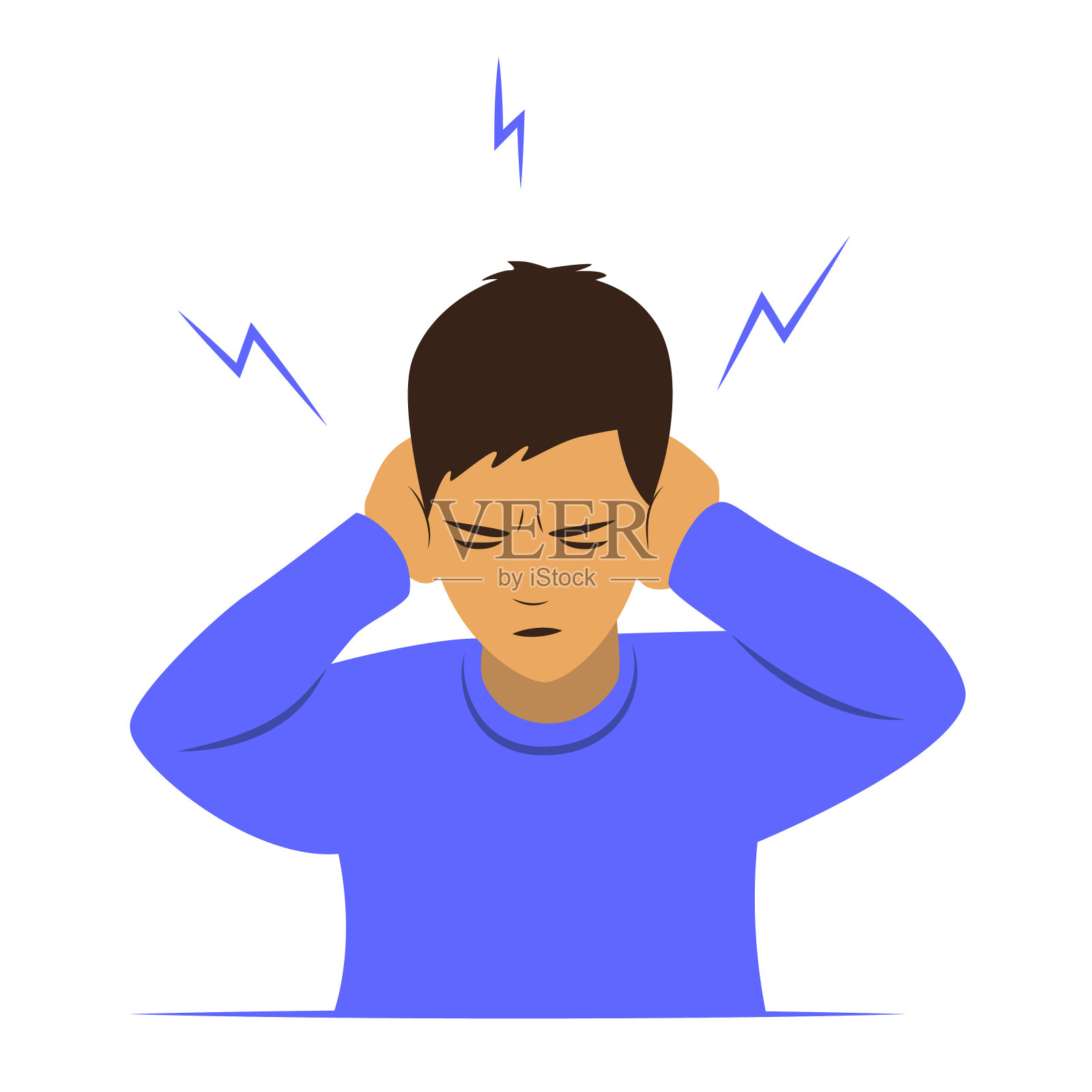 闭着眼睛的男孩用手捂住耳朵，既不满又生气。我的头和耳朵都疼。淘气。矢量插图。插画图片素材