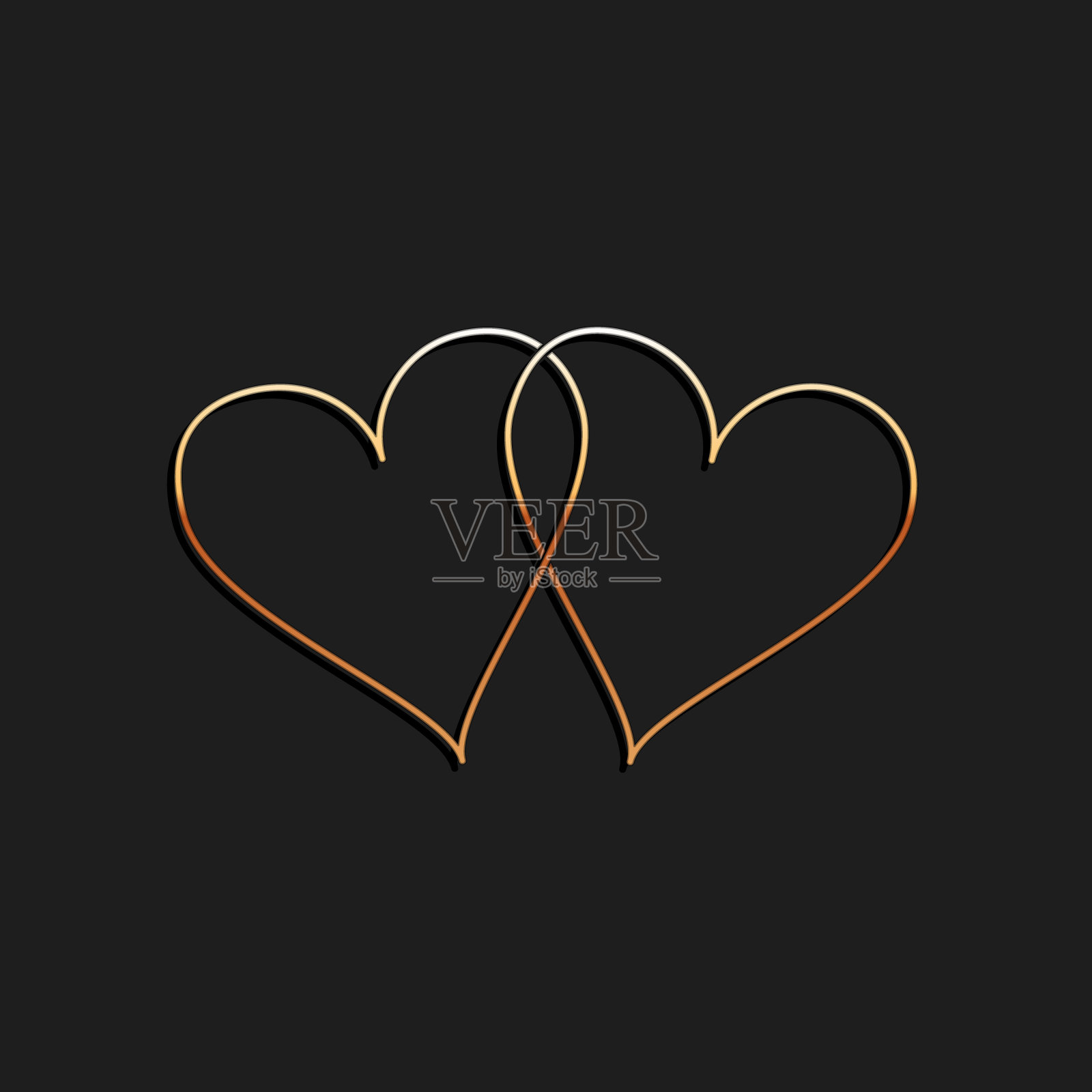金色两个相连的心图标孤立在黑色背景上.心两情