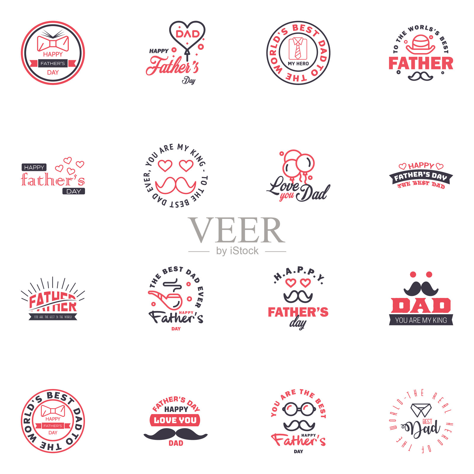 父亲节16黑色和粉色元素集快乐插画图片素材