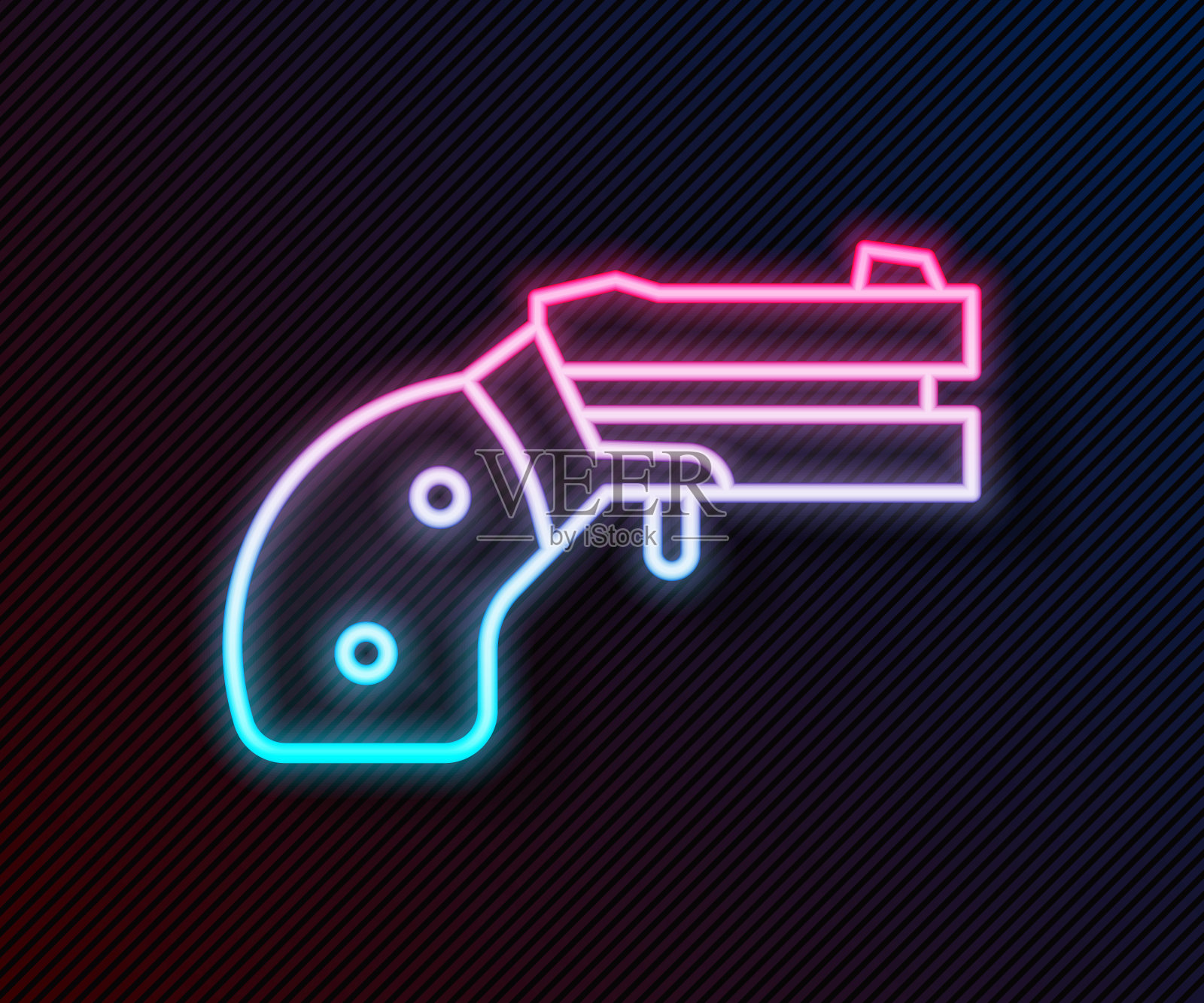 发光的霓虹灯线小手枪左轮图标孤立在黑色背景。用于自卫的袖珍手枪。女士们的左轮手枪。间谍武器。向量设计元素图片