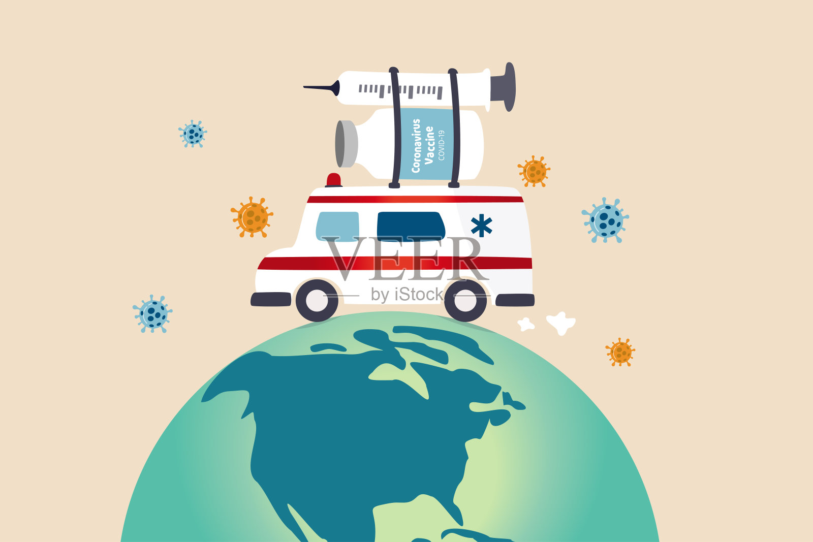 COVID-19疫苗经批准后在全球分发，并准备在世界各地运输，以保护全球免受冠状病毒感染，救护车或医疗卡车携带COVID-19疫苗和注射器插画图片素材