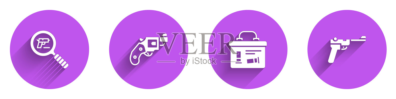 设置手枪或枪支搜索，小左轮手枪，军事弹药盒和毛瑟枪的图标与长影子。向量图标素材