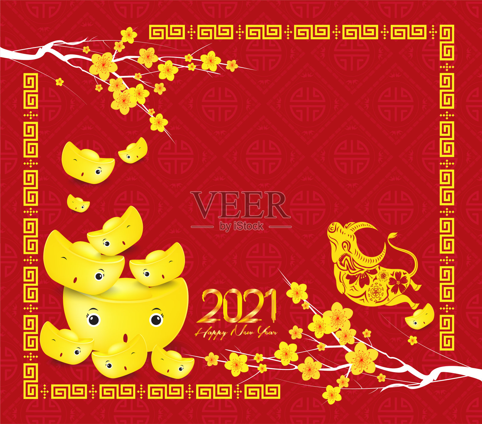 祝你2021年春节快乐。中国金牛，十二生肖，梅花插画图片素材