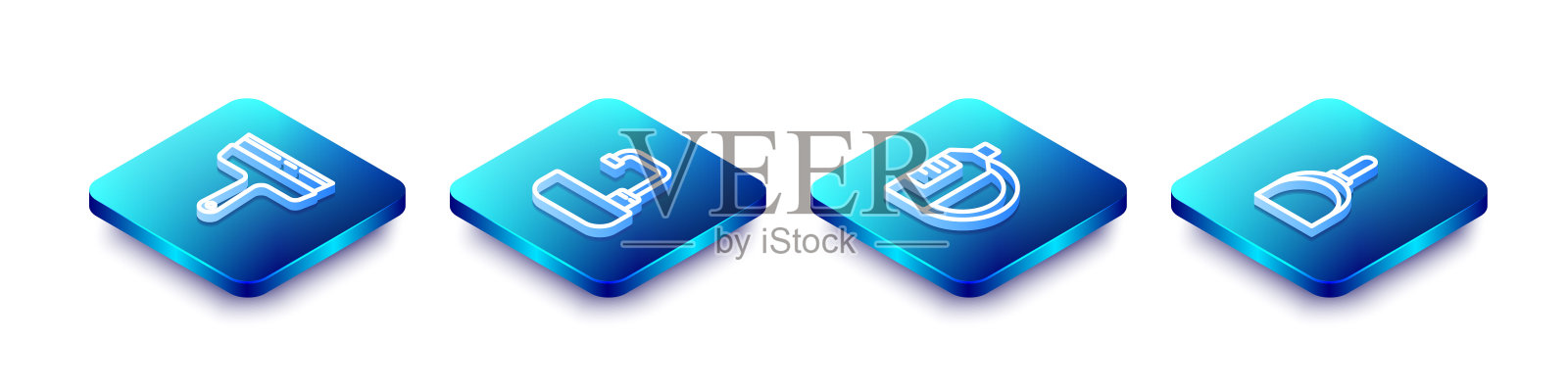 设置等距线橡胶清洁剂为窗户，洗脸盆与水龙头，洗碗液瓶和盘子和畚箕图标。向量插画图片素材