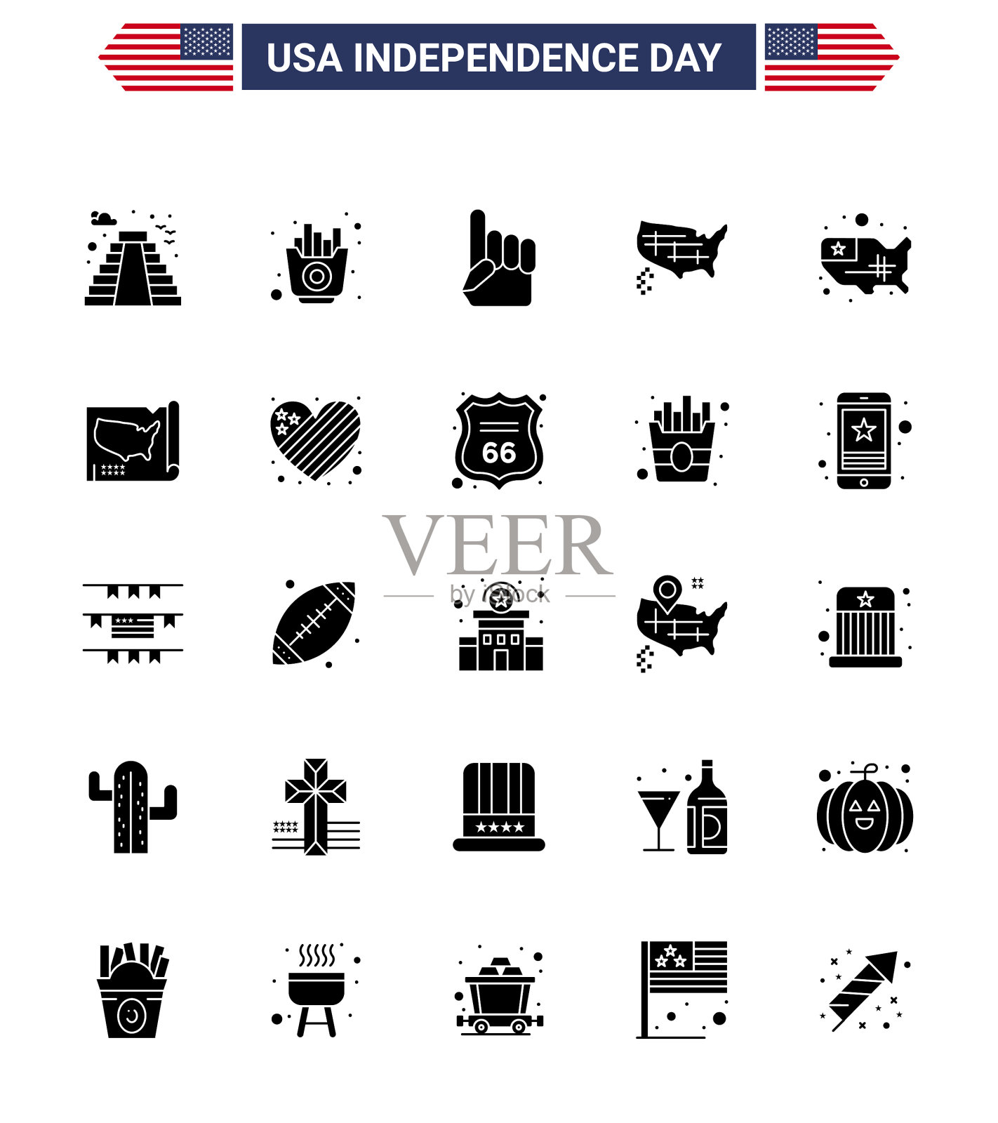 25个美国实心字形包装独立日标志插画图片素材