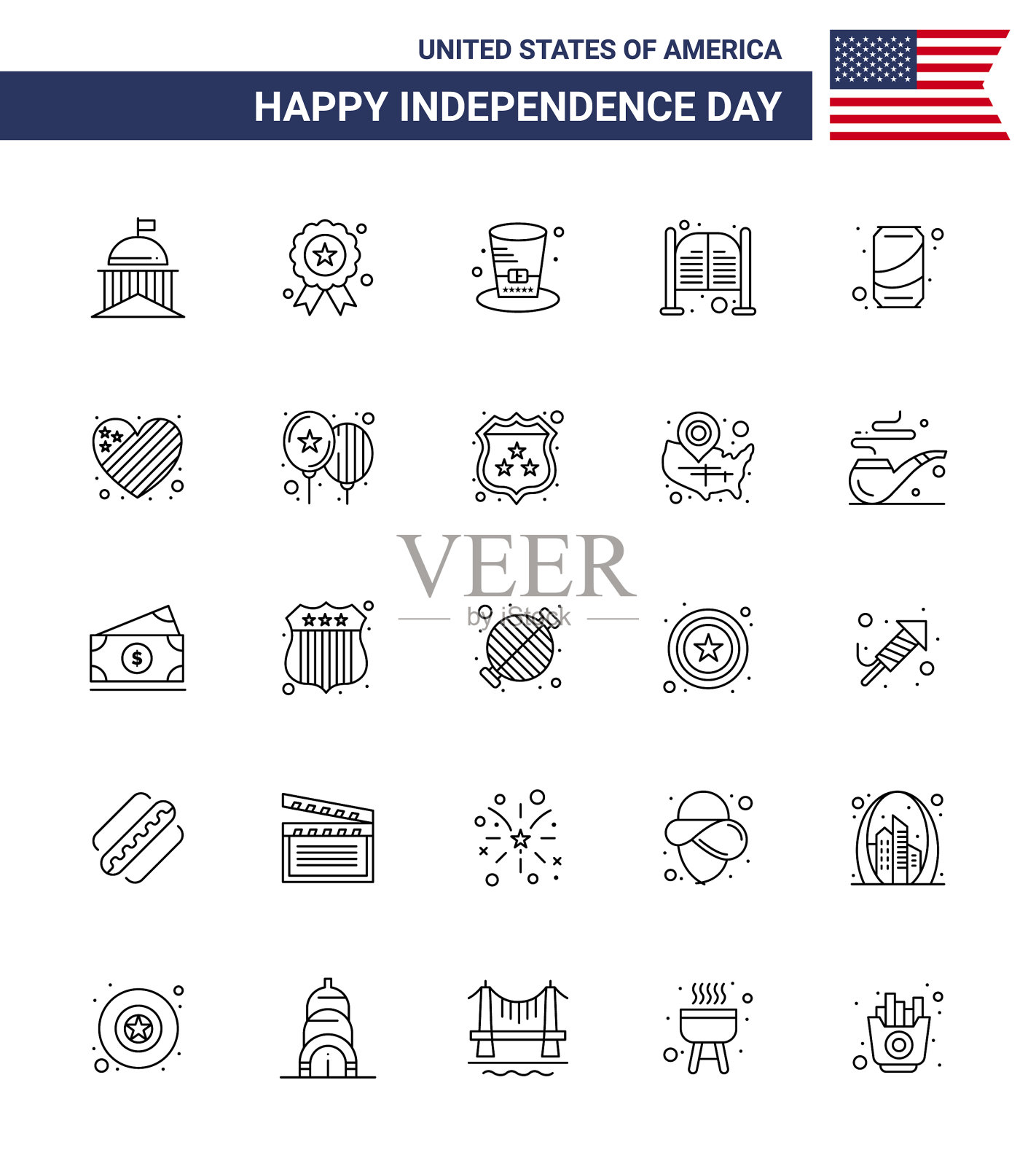 行装25个美国独立日的标志插画图片素材