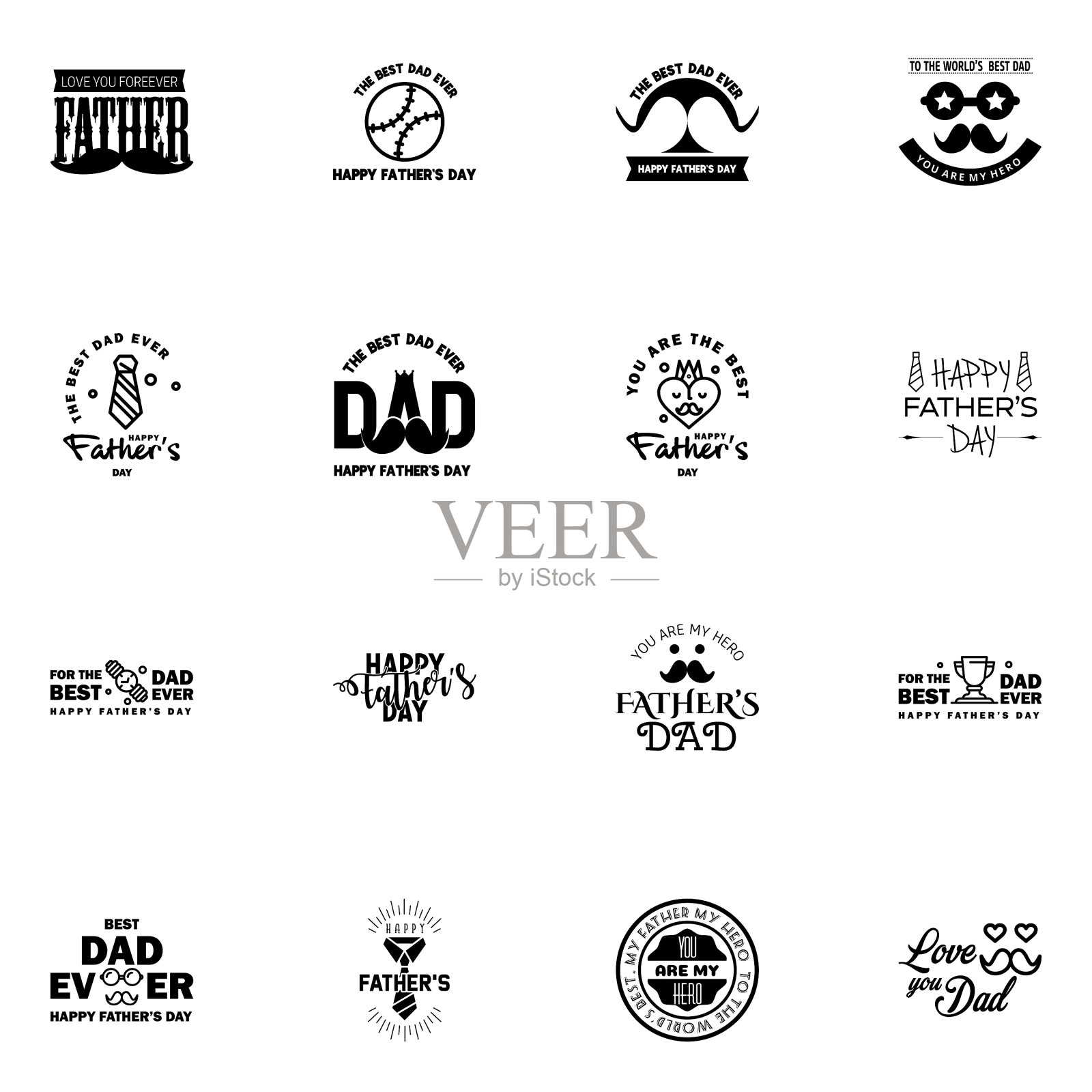 快乐父亲节16黑色排印集标志插画图片素材