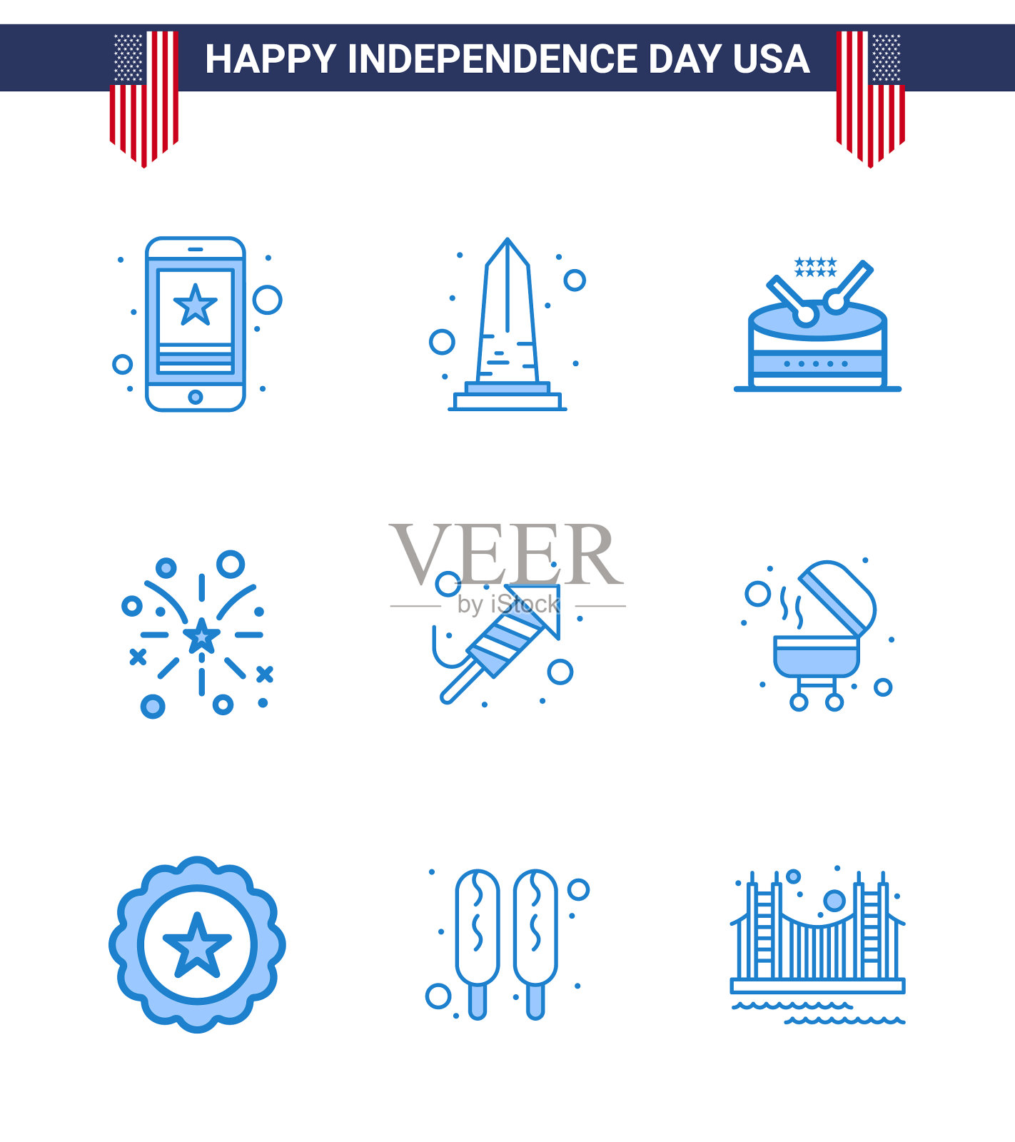 美国独立日的9个蓝色标志插画图片素材