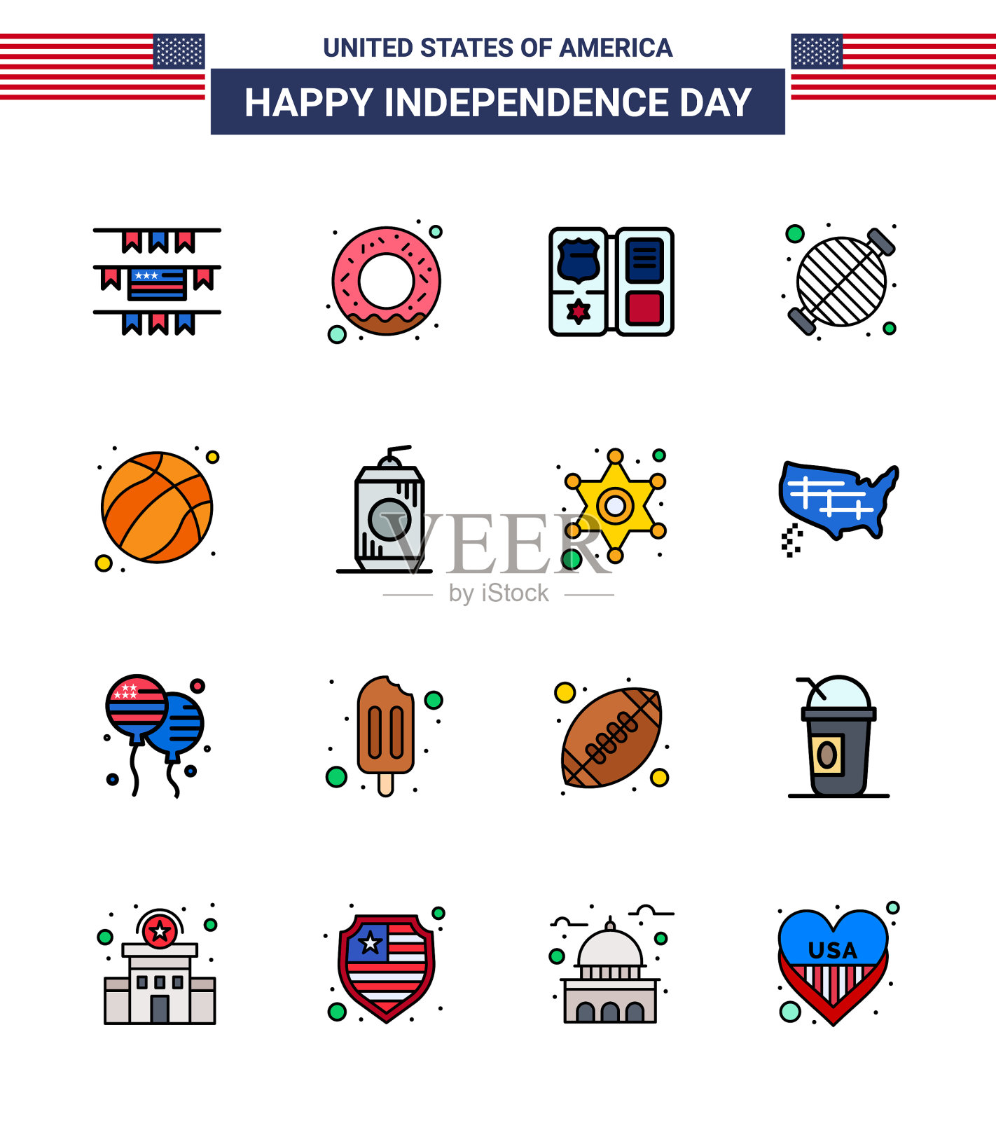 设置16个美国日图标美国标志插画图片素材