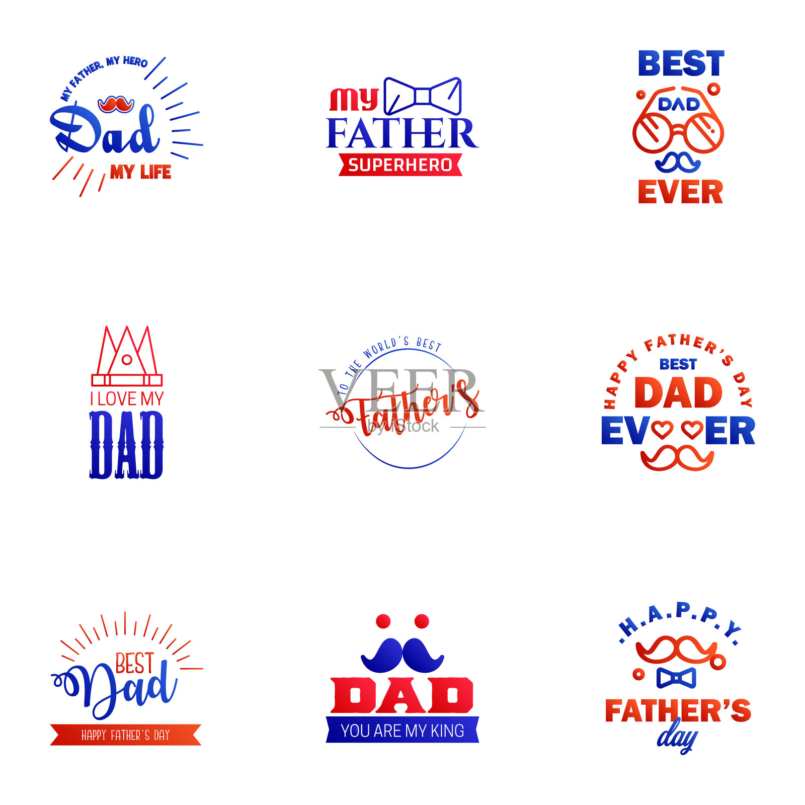 父亲节快乐，蓝色和红色字体插画图片素材