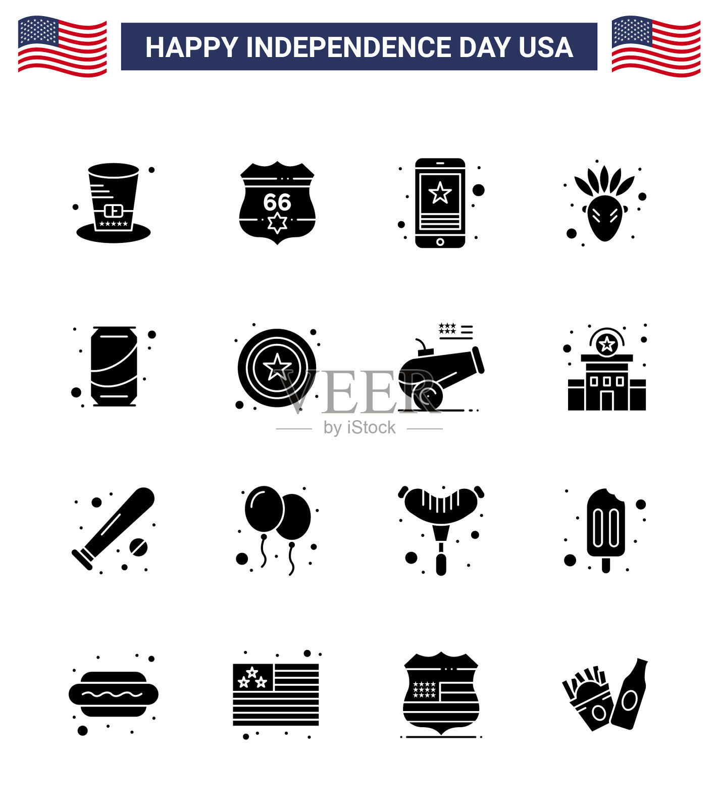 美国独立日实心字形设置16个美国插画图片素材