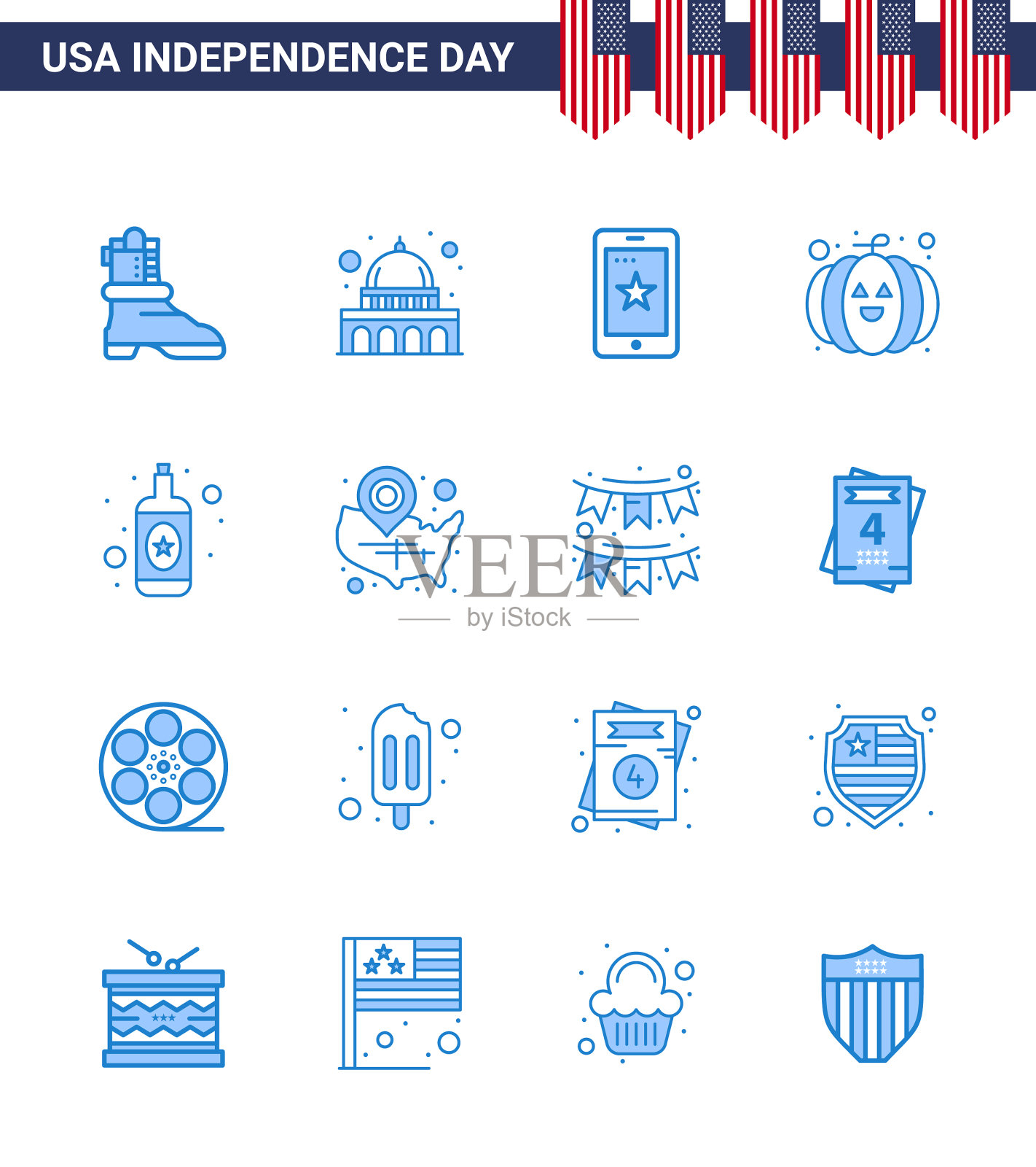 蓝色包装16个美国独立日的象征插画图片素材