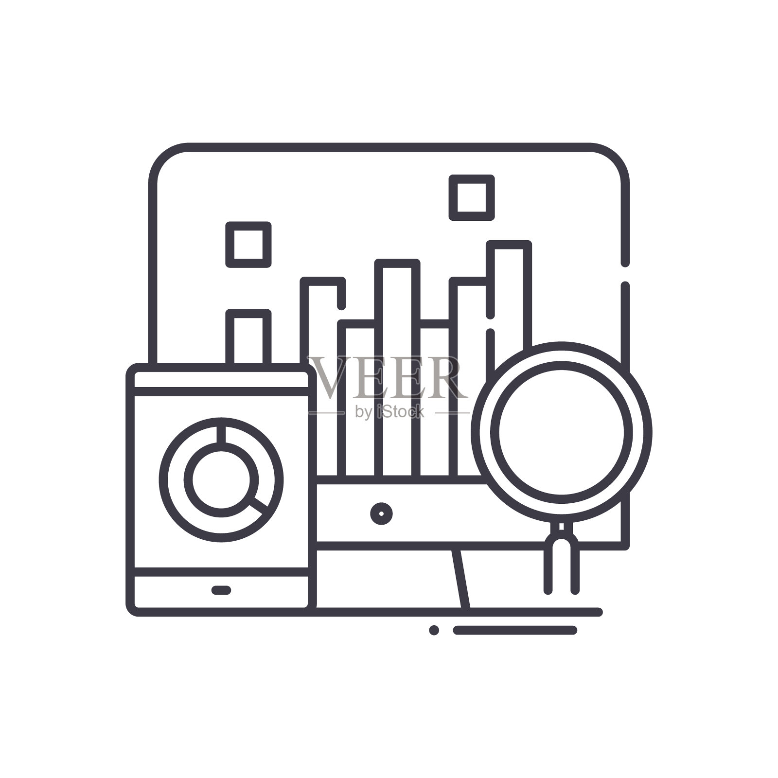 数据分析图标，线性孤立的插图，细线矢量，网页设计标志，轮廓概念符号与可编辑的笔触在白色的背景。图标素材