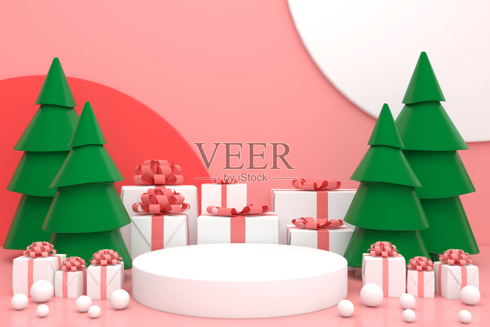 抽象的圣诞节最小模拟场景。几何裙台形状的产品展示模型，基座步骤。新年快乐在彩色背景3D渲染。照片摄影图片